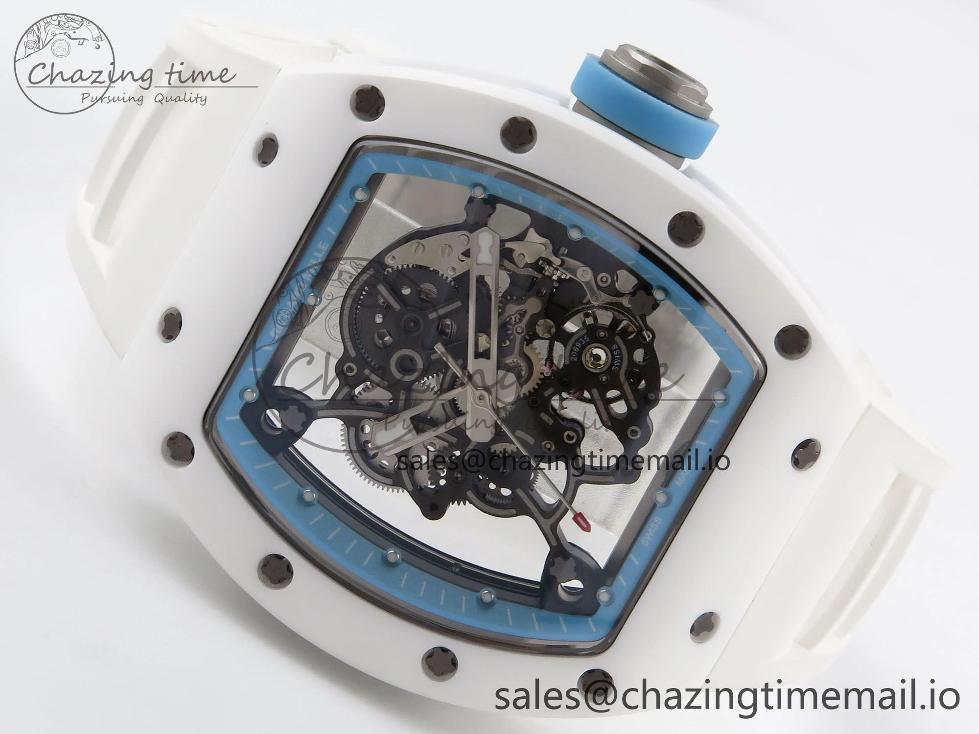 RM055 White Ceramic T+F 1:1 Best Edition Blue Skeleton Dial on White Rubber Strap RMUL2 Super Clone