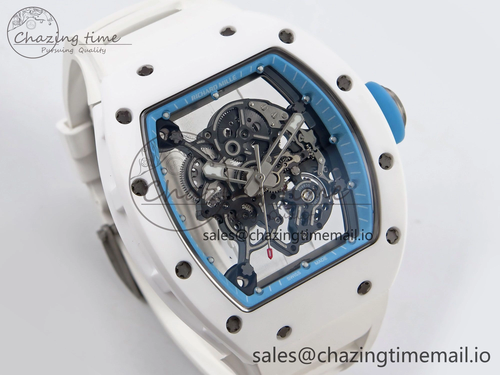 RM055 White Ceramic T+F 1:1 Best Edition Blue Skeleton Dial on White Rubber Strap RMUL2 Super Clone