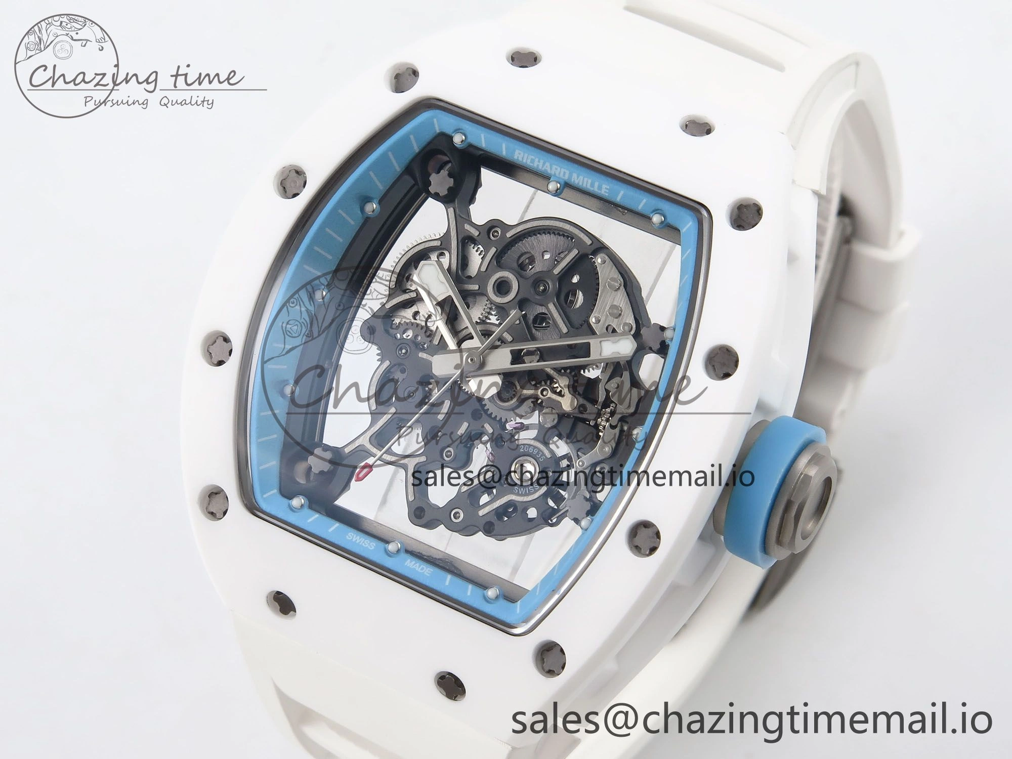 RM055 White Ceramic T+F 1:1 Best Edition Blue Skeleton Dial on White Rubber Strap RMUL2 Super Clone