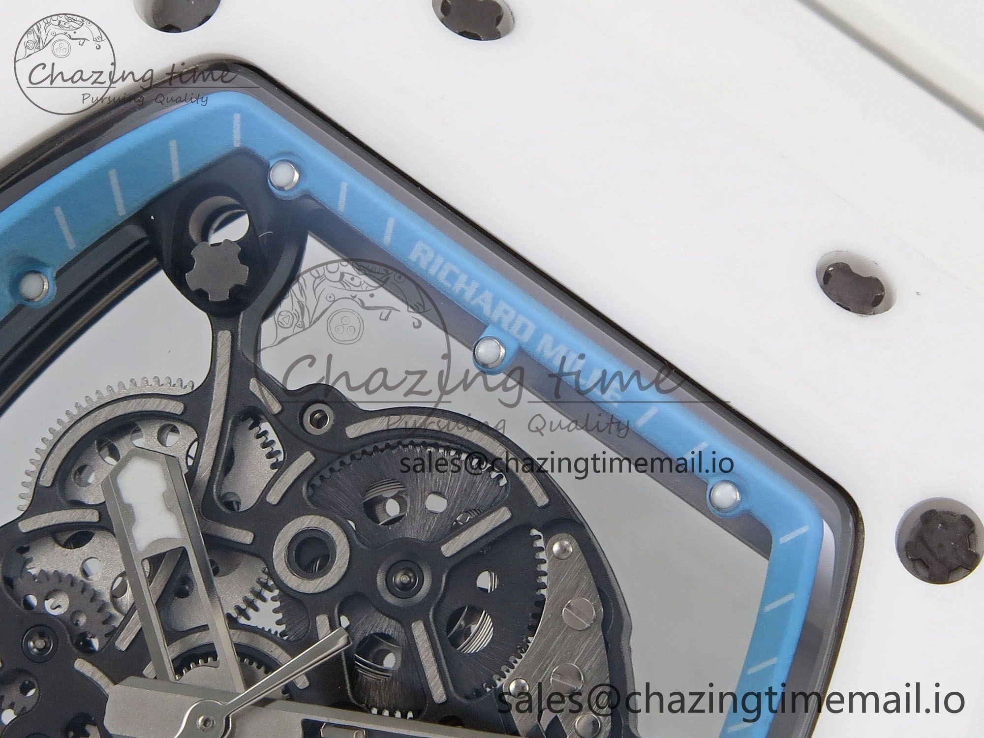 RM055 White Ceramic T+F 1:1 Best Edition Blue Skeleton Dial on White Rubber Strap RMUL2 Super Clone