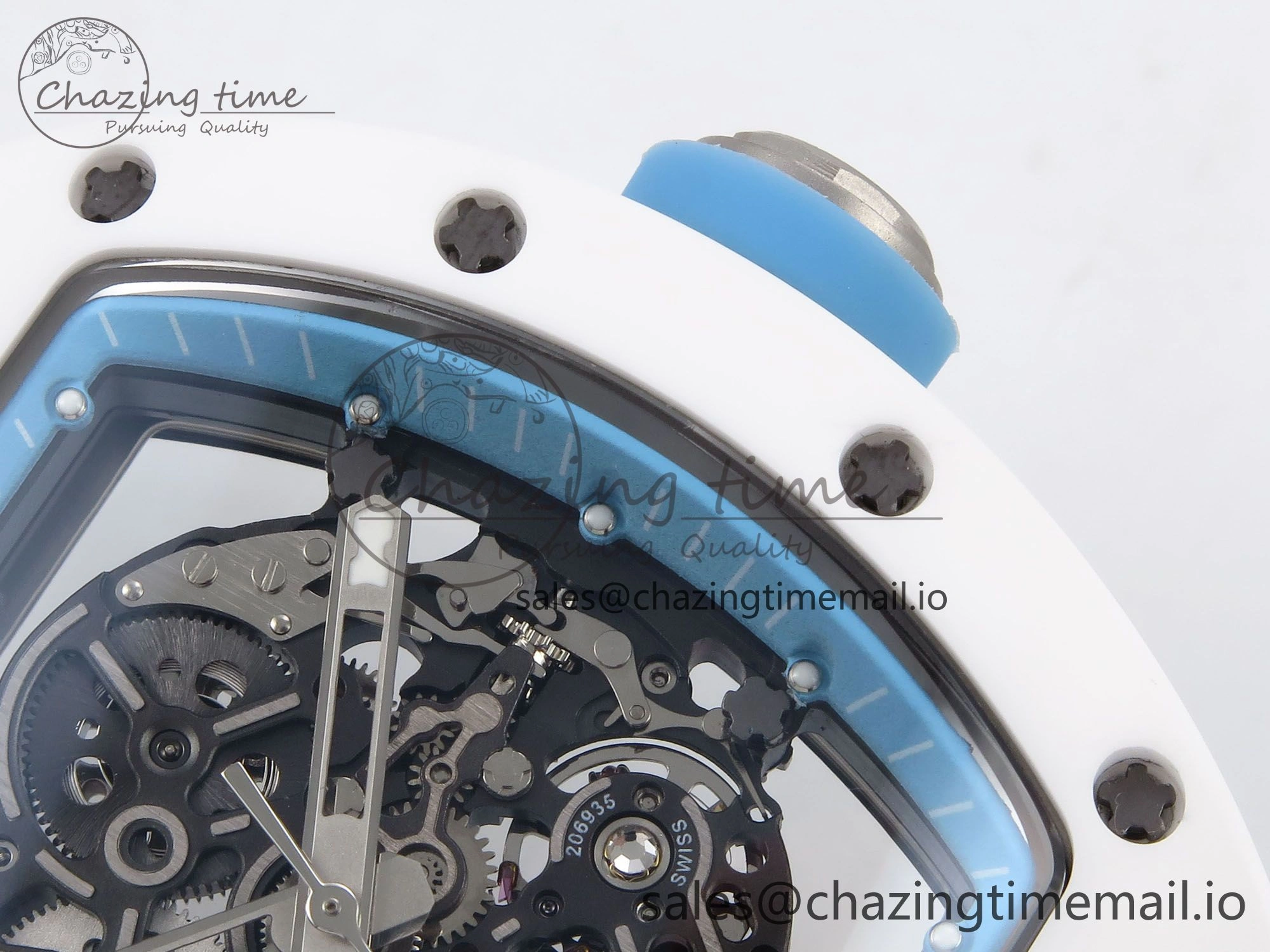 RM055 White Ceramic T+F 1:1 Best Edition Blue Skeleton Dial on White Rubber Strap RMUL2 Super Clone