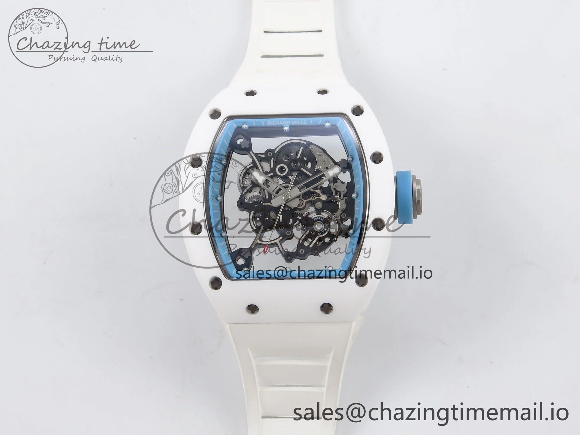 RM055 White Ceramic T+F 1:1 Best Edition Blue Skeleton Dial on White Rubber Strap RMUL2 Super Clone