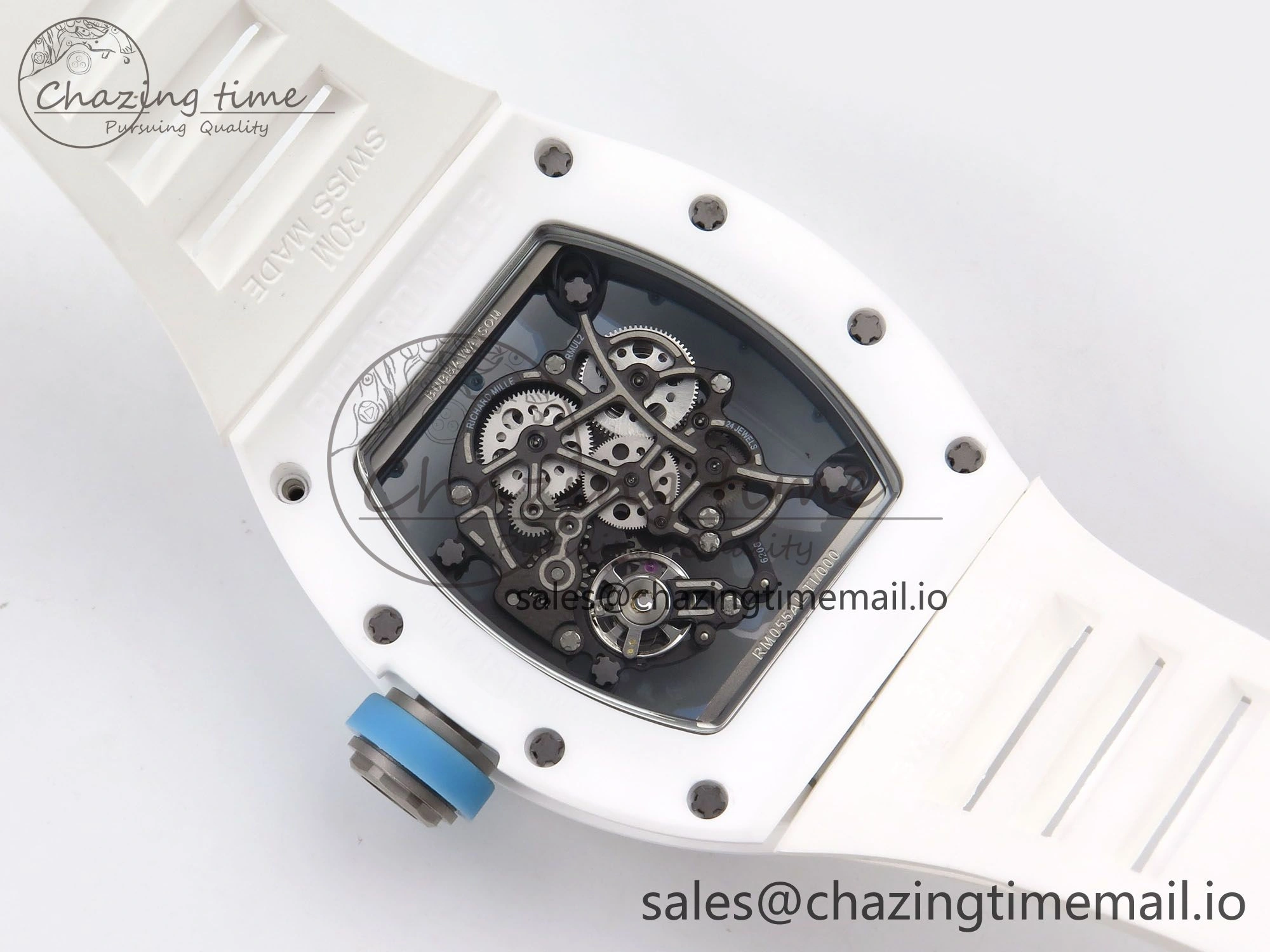 RM055 White Ceramic T+F 1:1 Best Edition Blue Skeleton Dial on White Rubber Strap RMUL2 Super Clone