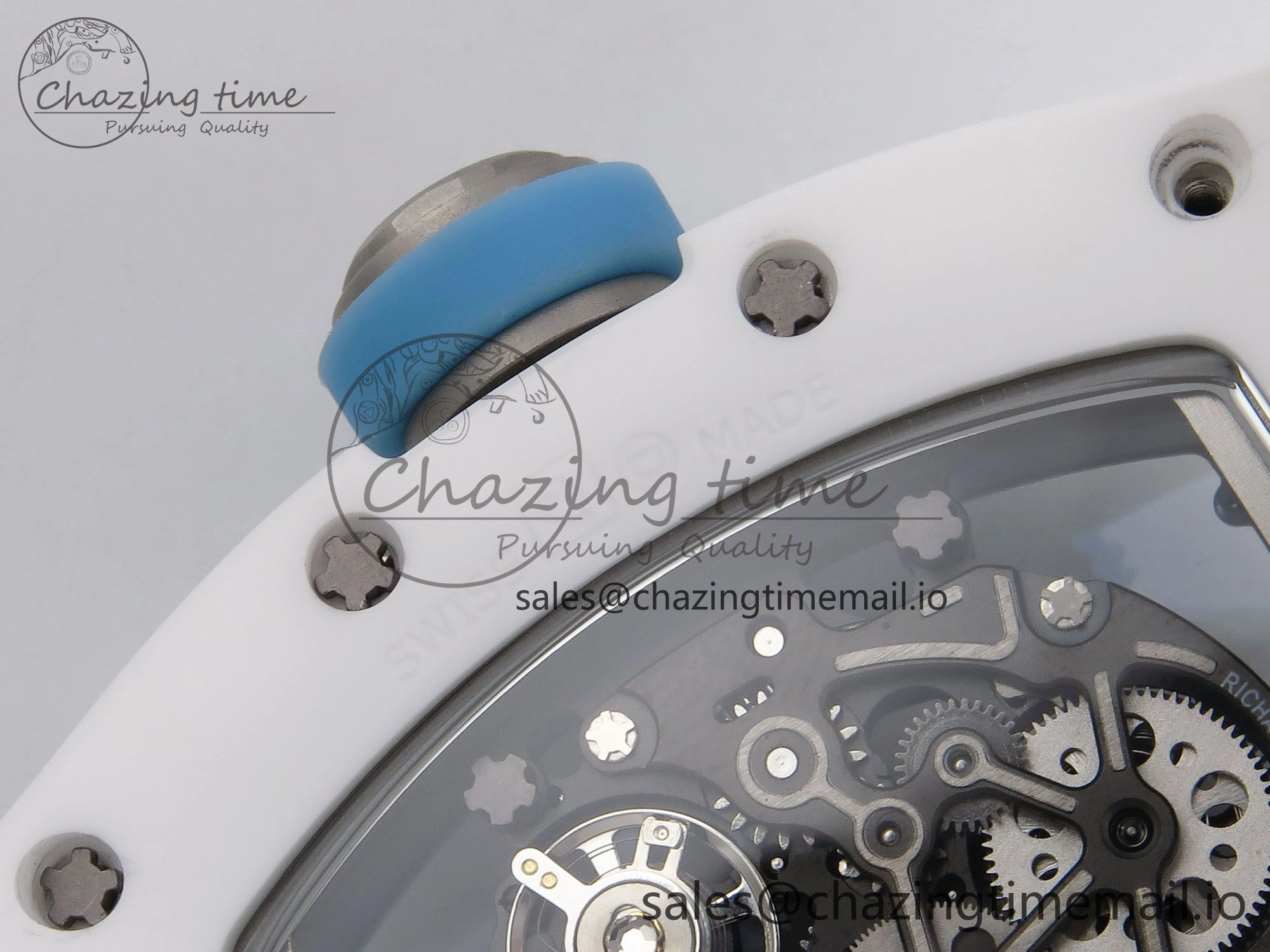 RM055 White Ceramic T+F 1:1 Best Edition Blue Skeleton Dial on White Rubber Strap RMUL2 Super Clone