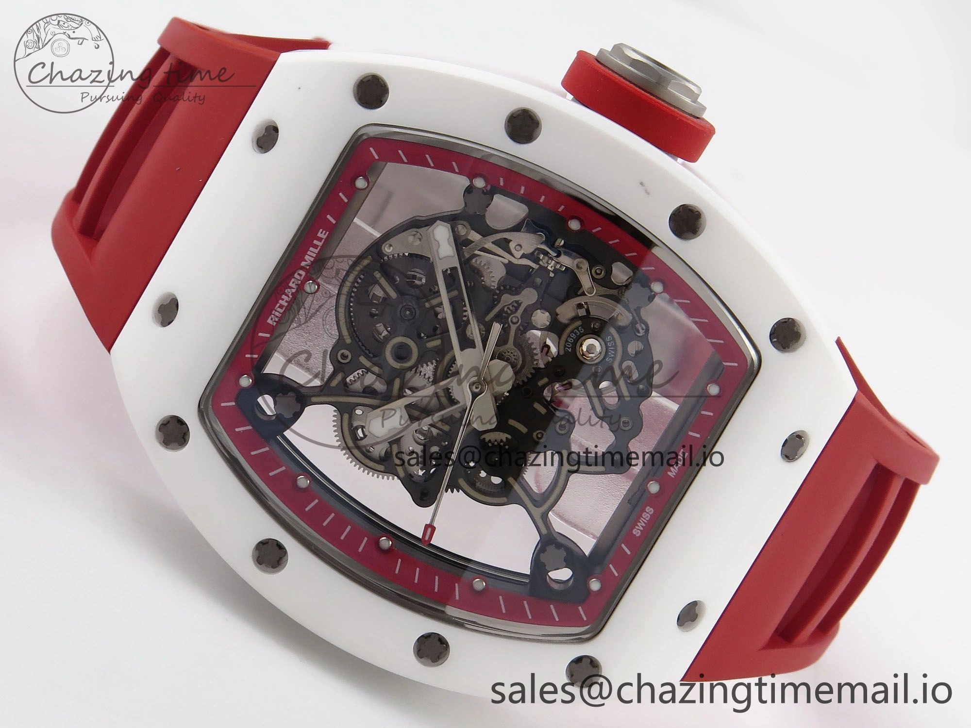 RM055 White Ceramic T+F 1:1 Best Edition Red Skeleton Dial on Red Rubber Strap RMUL2 Super Clone
