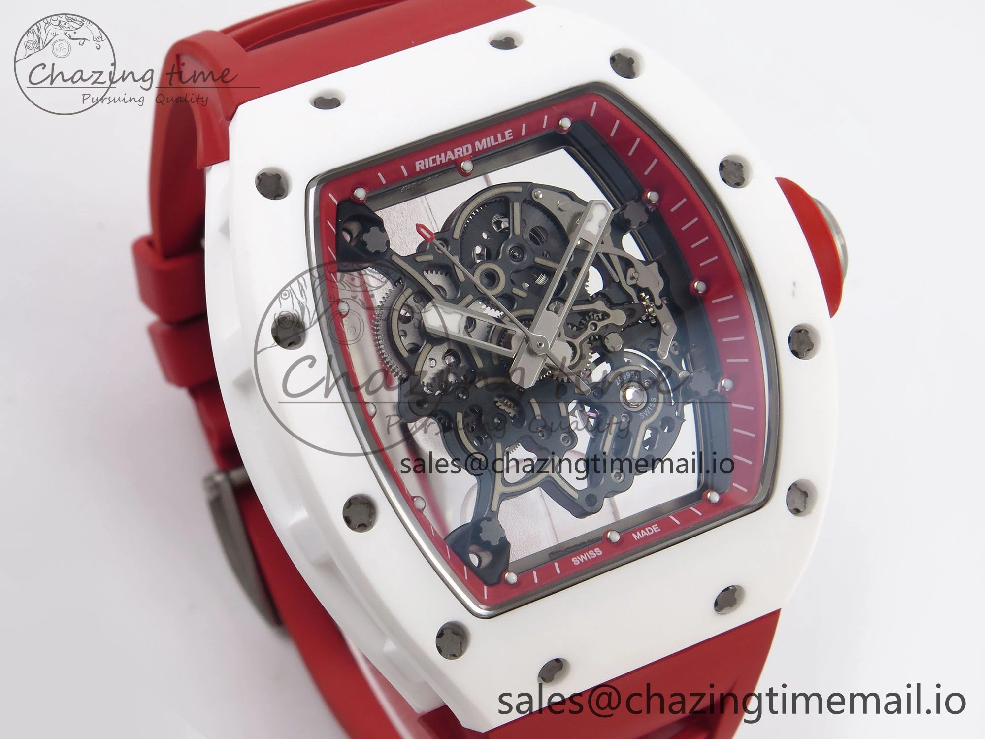 RM055 White Ceramic T+F 1:1 Best Edition Red Skeleton Dial on Red Rubber Strap RMUL2 Super Clone