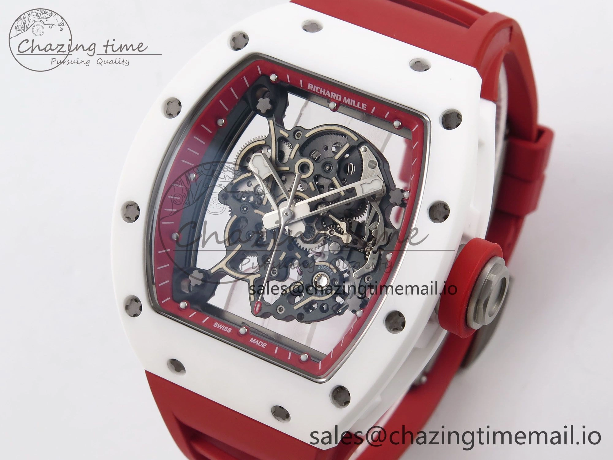 RM055 White Ceramic T+F 1:1 Best Edition Red Skeleton Dial on Red Rubber Strap RMUL2 Super Clone