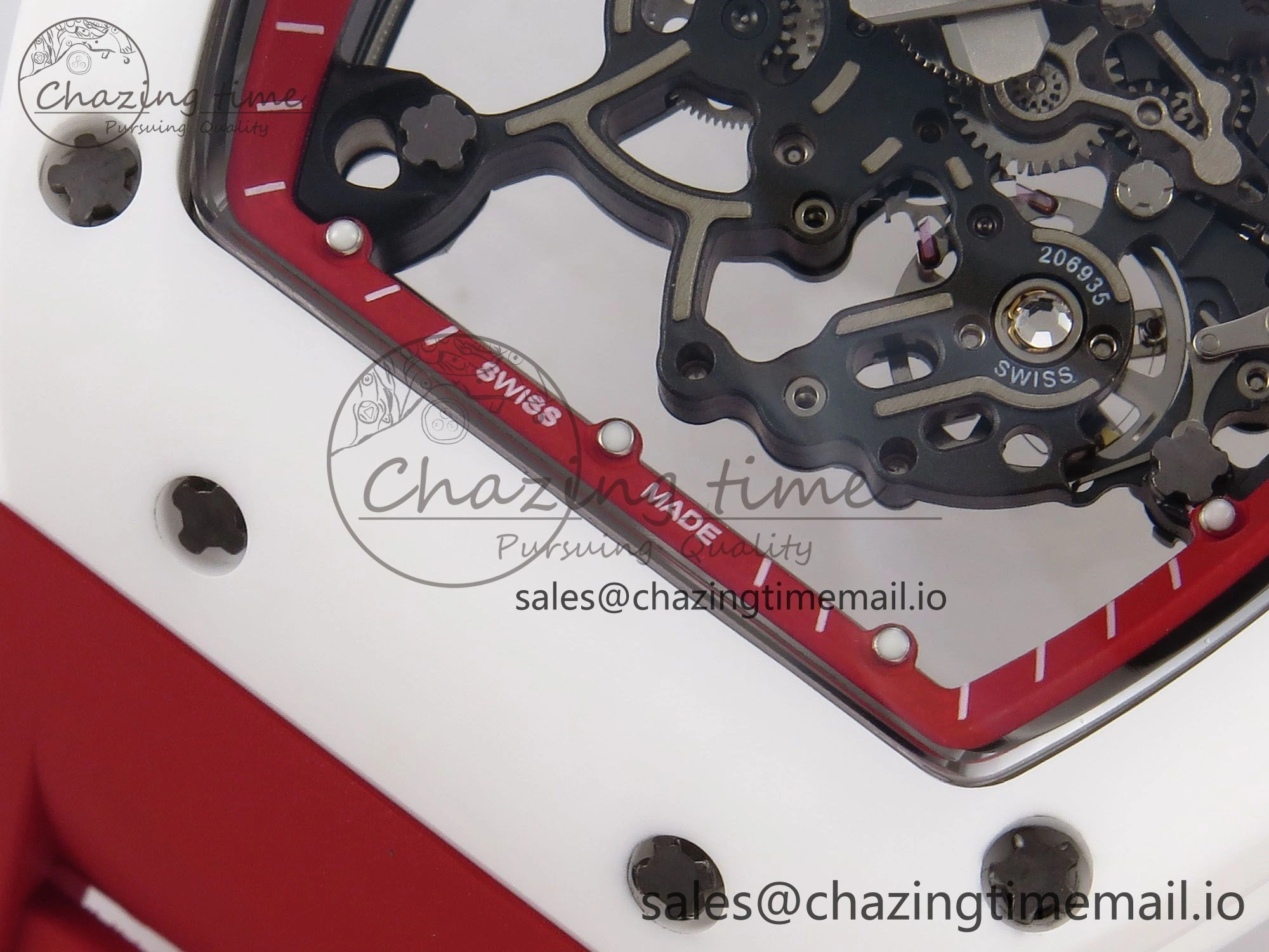 RM055 White Ceramic T+F 1:1 Best Edition Red Skeleton Dial on Red Rubber Strap RMUL2 Super Clone