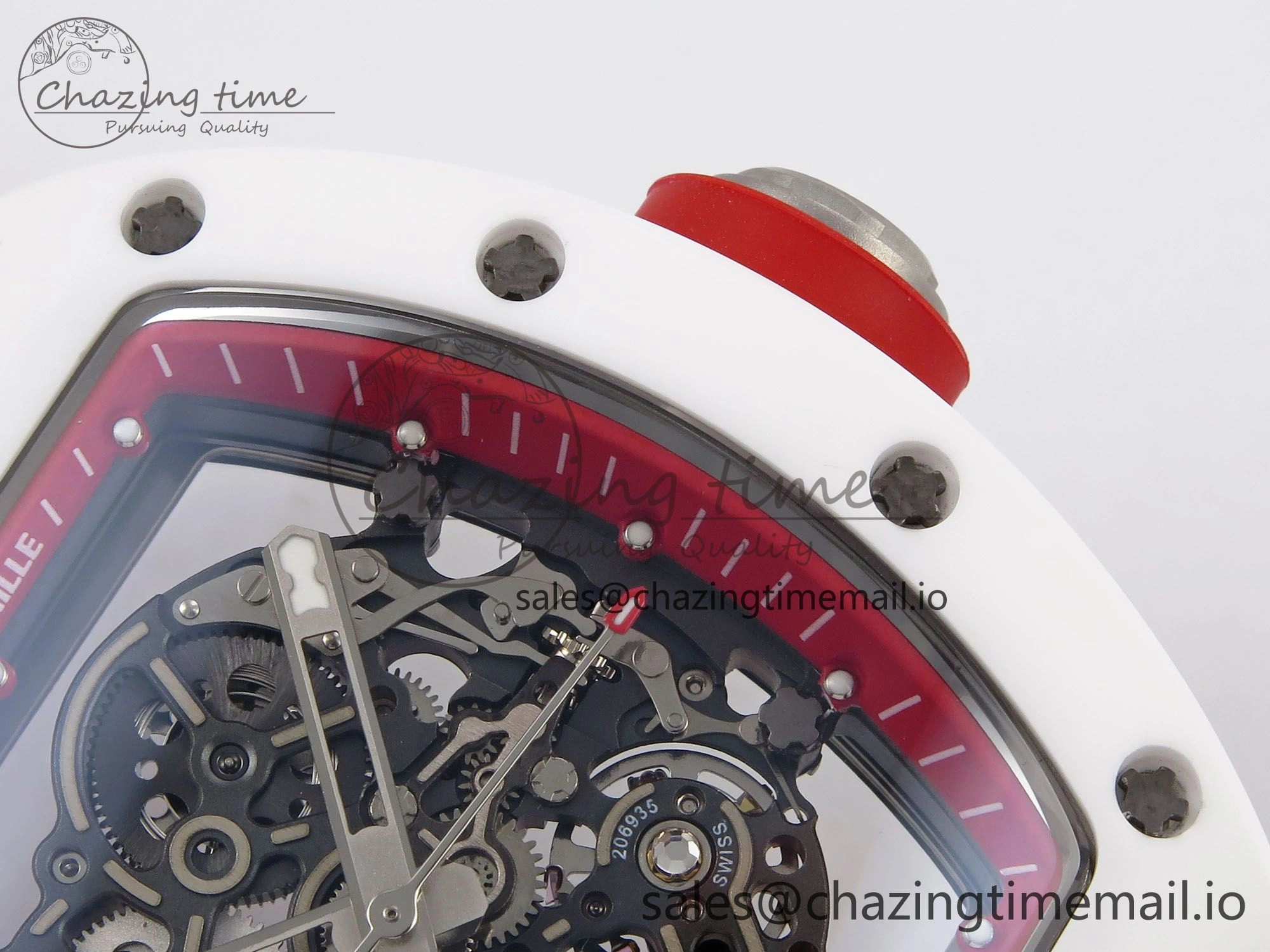 RM055 White Ceramic T+F 1:1 Best Edition Red Skeleton Dial on Red Rubber Strap RMUL2 Super Clone