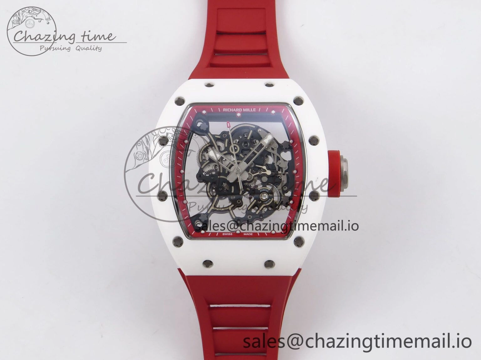 RM055 White Ceramic T+F 1:1 Best Edition Red Skeleton Dial on Red Rubber Strap RMUL2 Super Clone