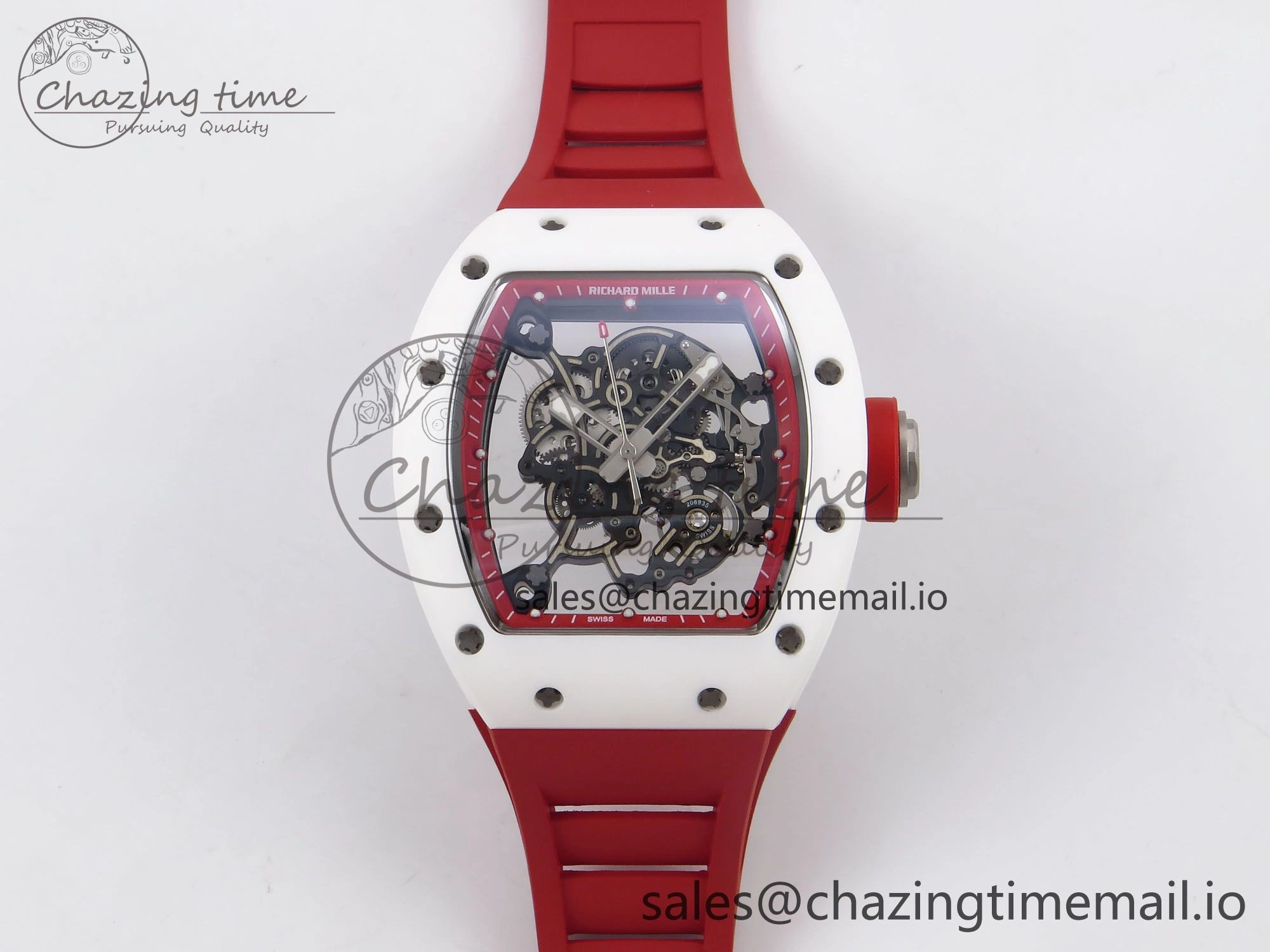 RM055 White Ceramic T+F 1:1 Best Edition Red Skeleton Dial on Red Rubber Strap RMUL2 Super Clone