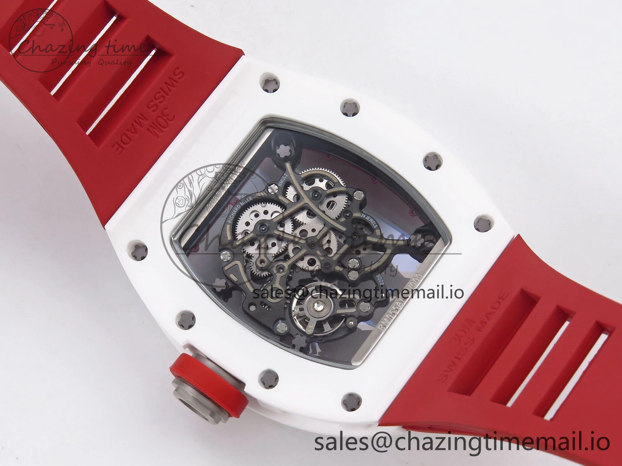 RM055 White Ceramic T+F 1:1 Best Edition Red Skeleton Dial on Red Rubber Strap RMUL2 Super Clone