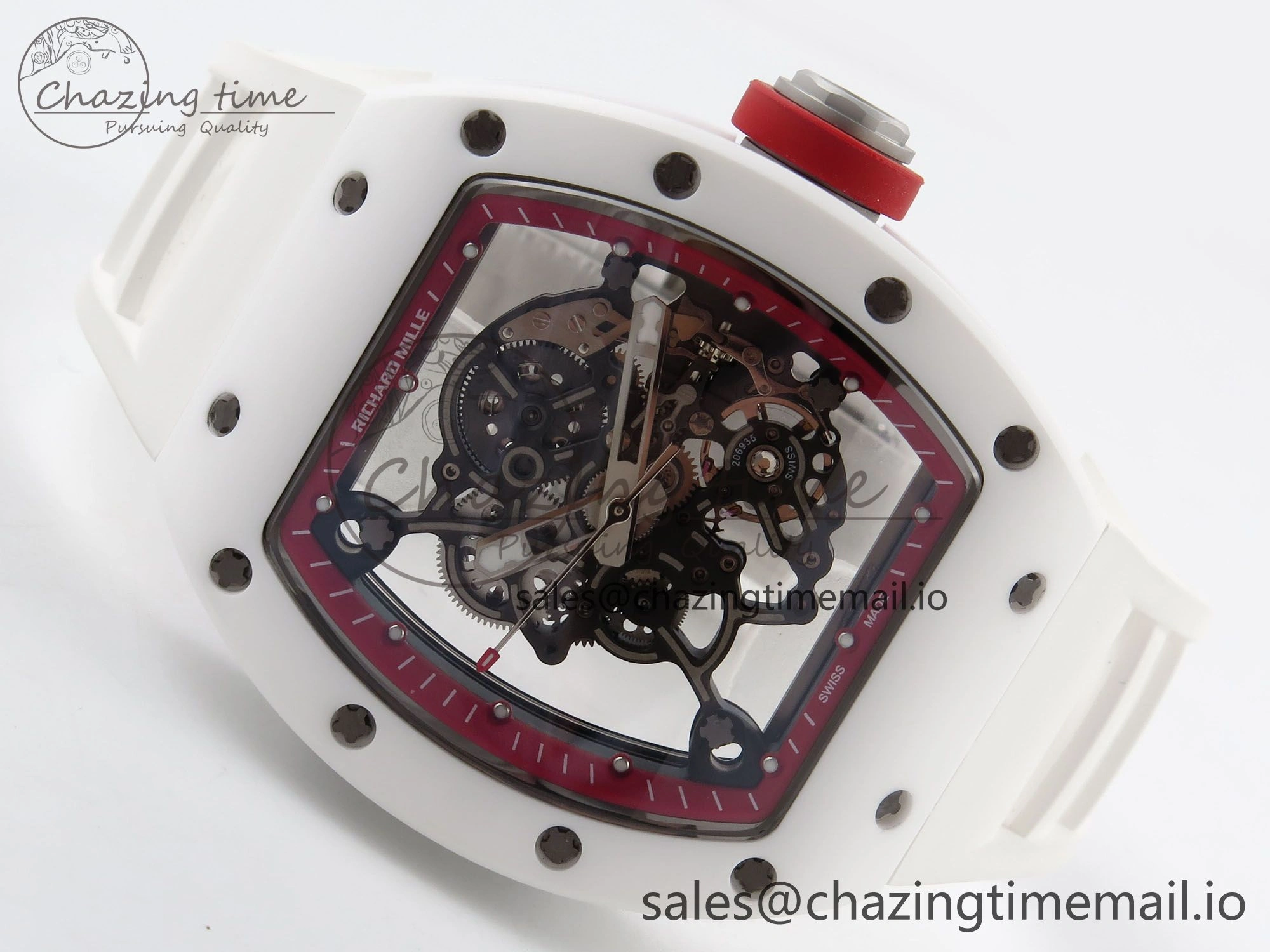RM055 White Ceramic T+F 1:1 Best Edition Red Skeleton Dial on White Rubber Strap RMUL2 Super Clone