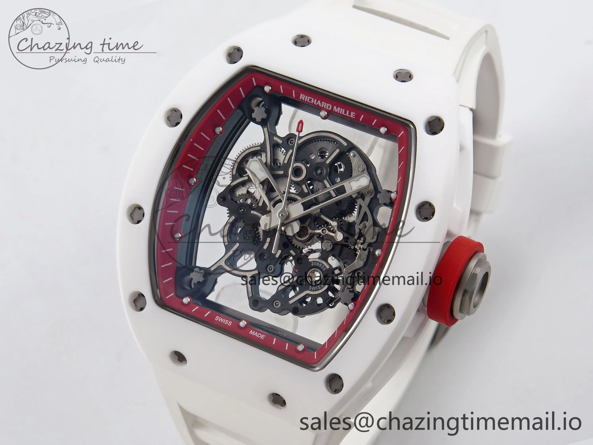 RM055 White Ceramic T+F 1:1 Best Edition Red Skeleton Dial on White Rubber Strap RMUL2 Super Clone