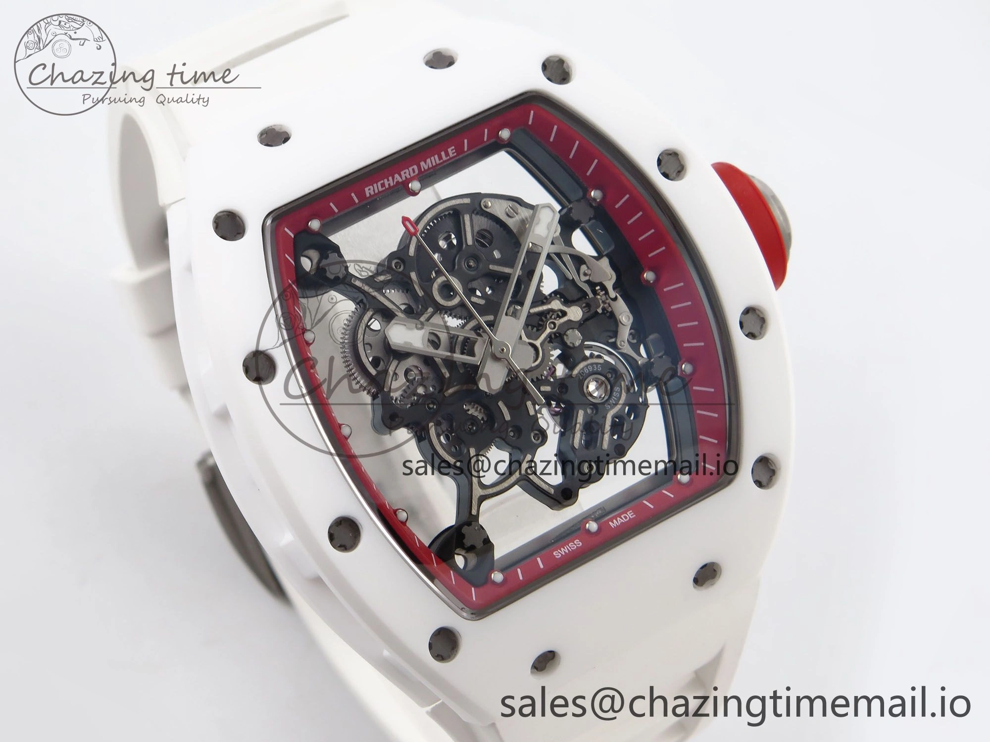 RM055 White Ceramic T+F 1:1 Best Edition Red Skeleton Dial on White Rubber Strap RMUL2 Super Clone