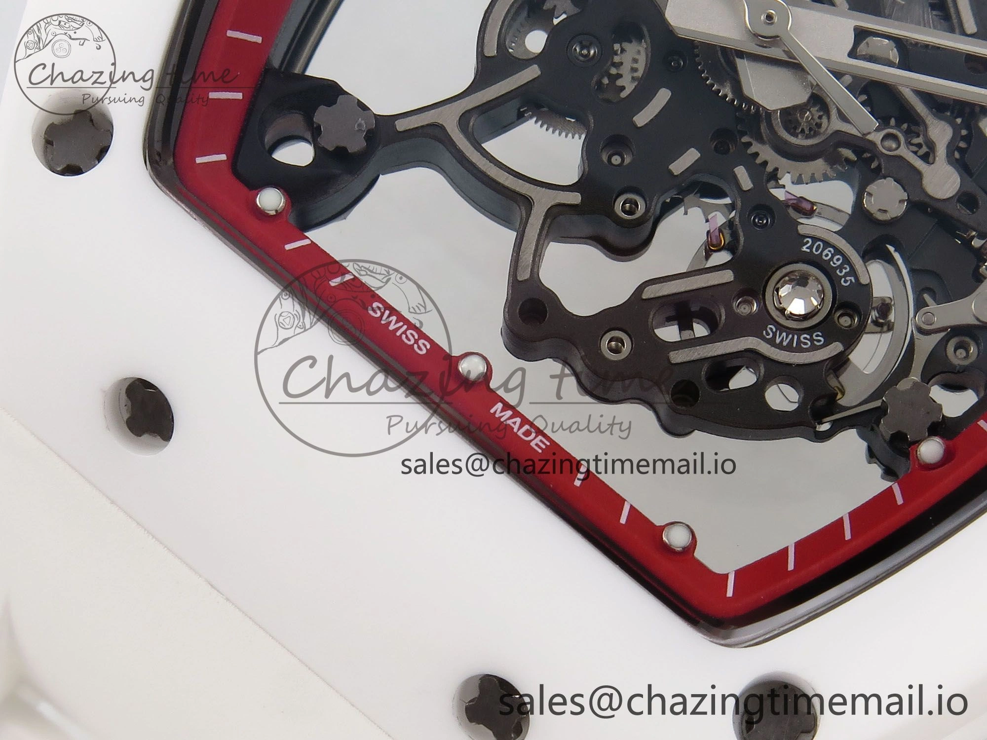 RM055 White Ceramic T+F 1:1 Best Edition Red Skeleton Dial on White Rubber Strap RMUL2 Super Clone