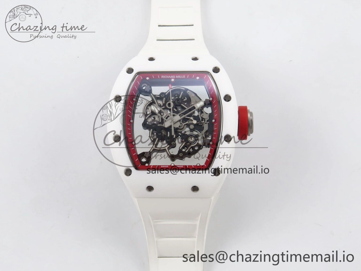 RM055 White Ceramic T+F 1:1 Best Edition Red Skeleton Dial on White Rubber Strap RMUL2 Super Clone