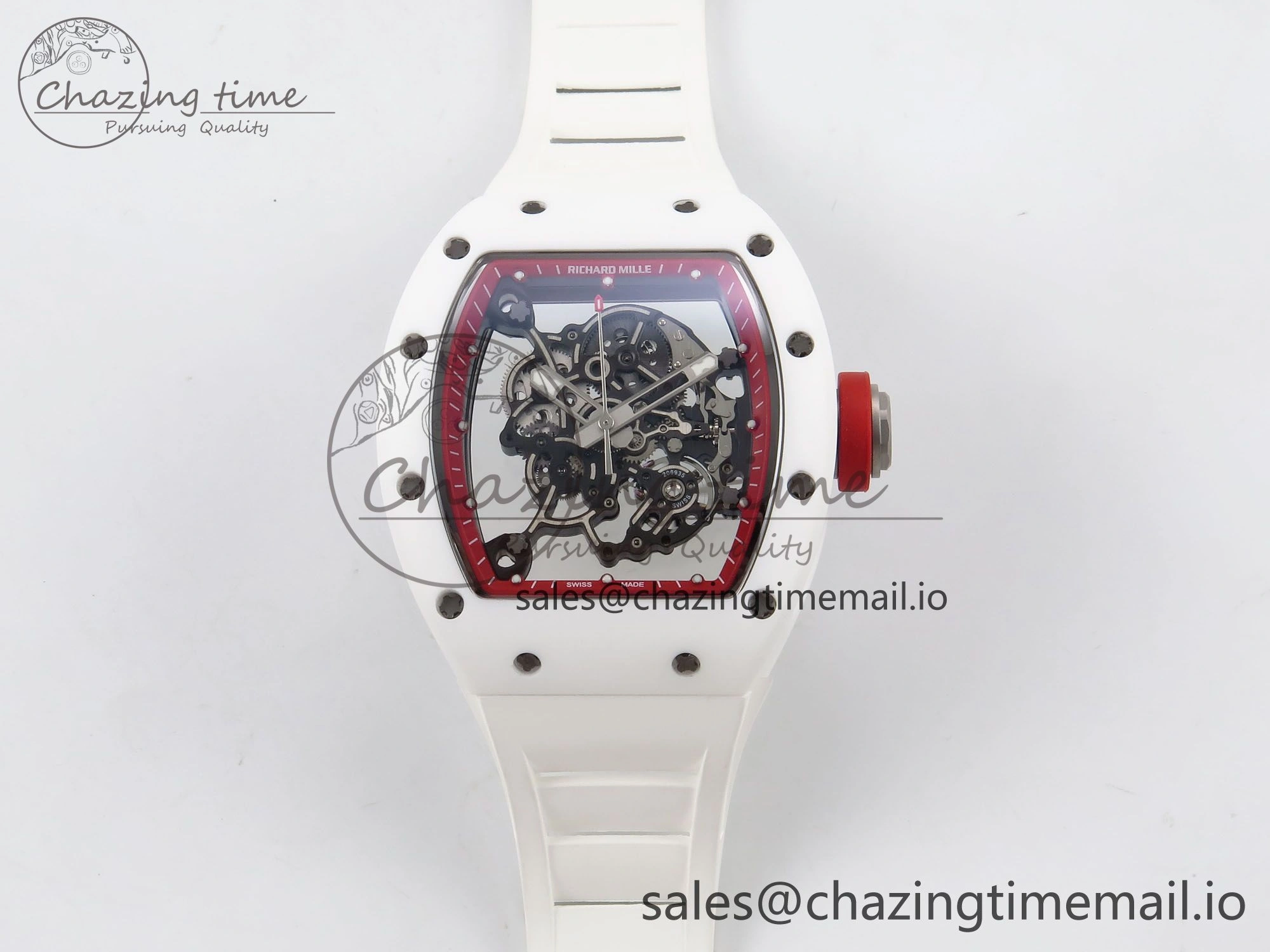 RM055 White Ceramic T+F 1:1 Best Edition Red Skeleton Dial on White Rubber Strap RMUL2 Super Clone