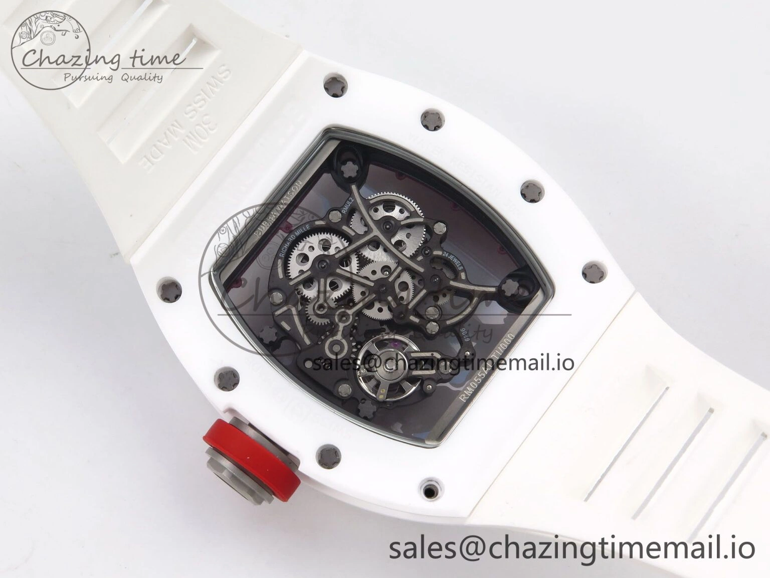 RM055 White Ceramic T+F 1:1 Best Edition Red Skeleton Dial on White Rubber Strap RMUL2 Super Clone