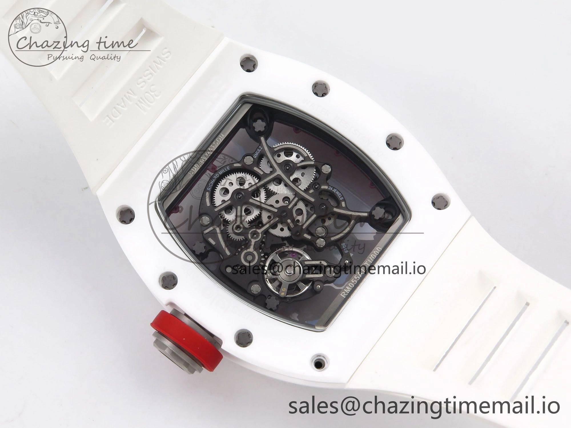 RM055 White Ceramic T+F 1:1 Best Edition Red Skeleton Dial on White Rubber Strap RMUL2 Super Clone