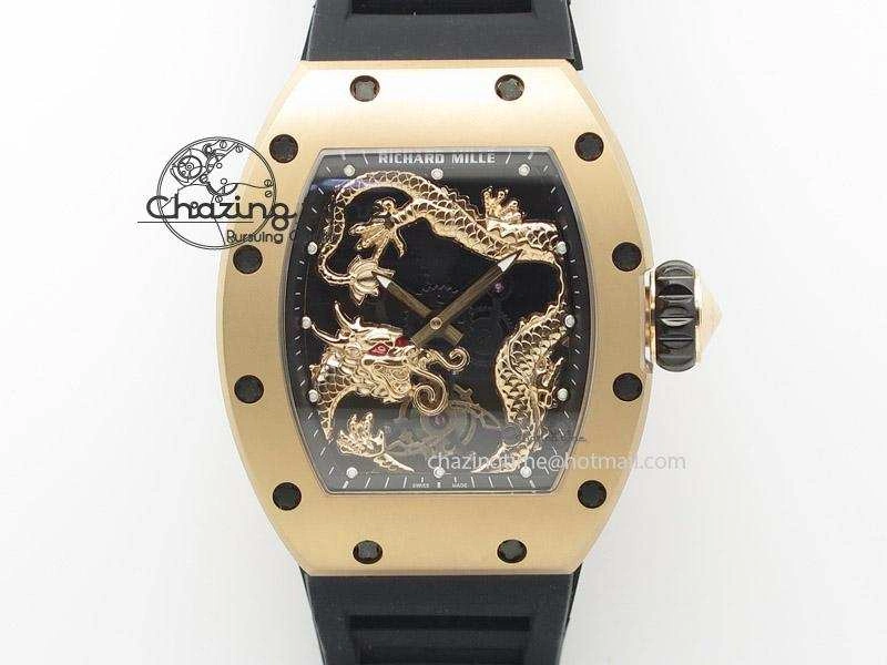 RM057 Dragon-Jackie Chan RG Rose Gold Dragon Dial On Black Rubber Strap A2824