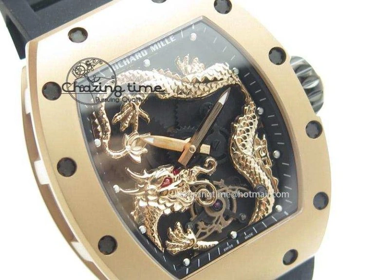 RM057 Dragon-Jackie Chan RG Rose Gold Dragon Dial On Black Rubber Strap A2824