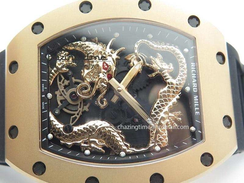 RM057 Dragon-Jackie Chan RG Rose Gold Dragon Dial On Black Rubber Strap A2824