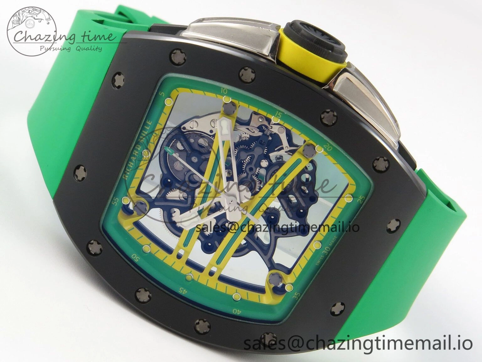 RM061 Black Ceramic APSF 1:1 Best Edition Yellow Green Skeleton Dial on Green Rubber Strap RMUL2 Super Clone