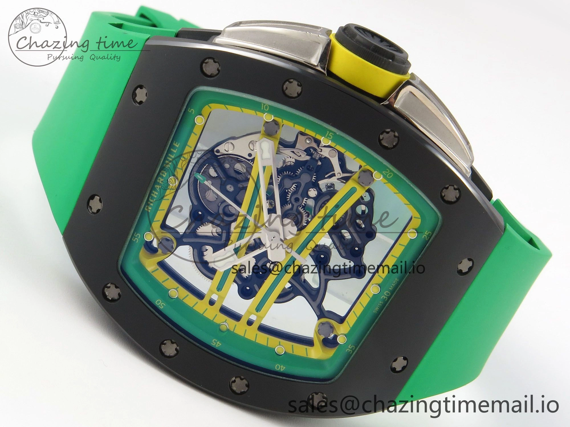 RM061 Black Ceramic APSF 1:1 Best Edition Yellow Green Skeleton Dial on Green Rubber Strap RMUL2 Super Clone