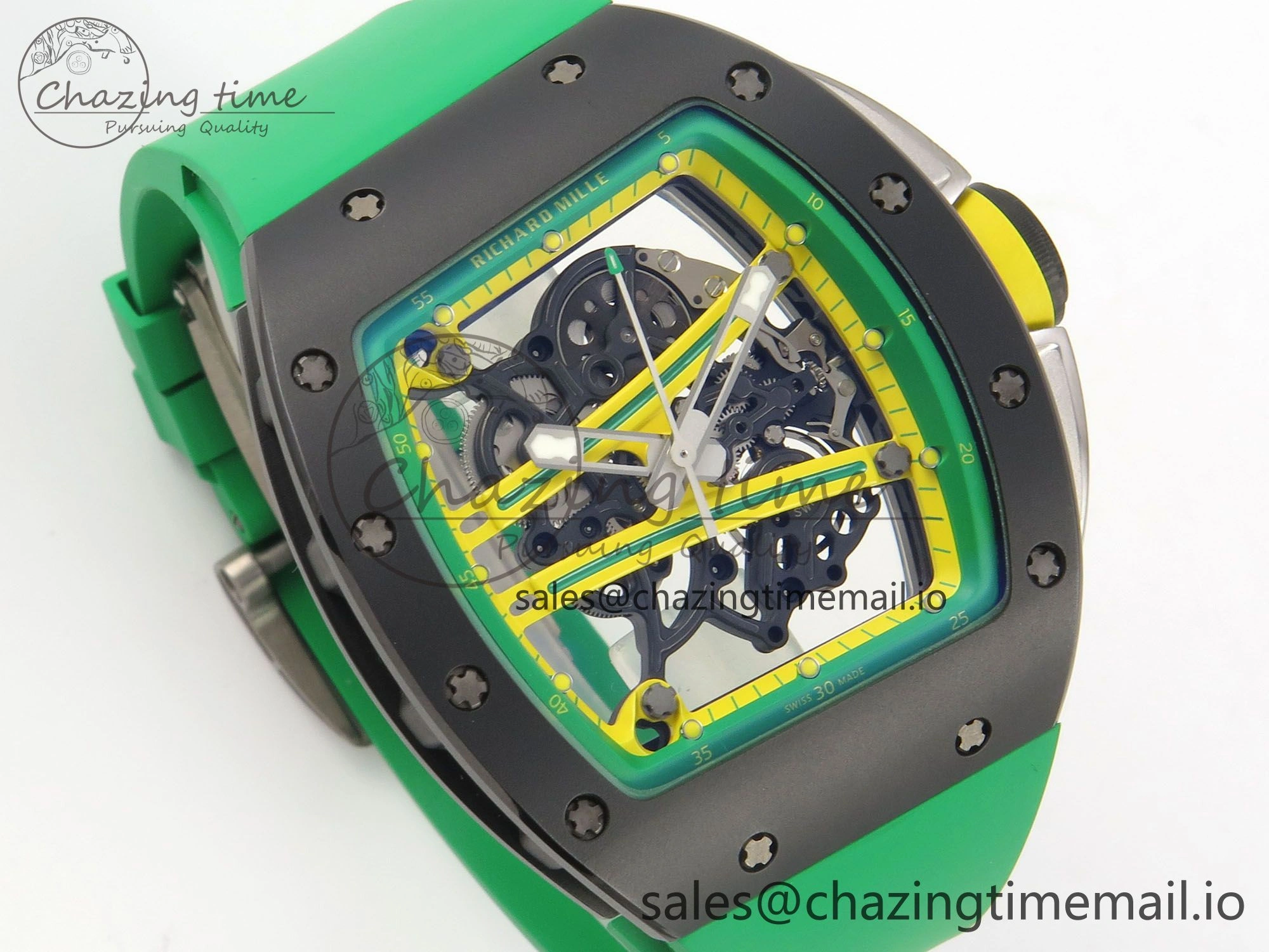 RM061 Black Ceramic APSF 1:1 Best Edition Yellow Green Skeleton Dial on Green Rubber Strap RMUL2 Super Clone