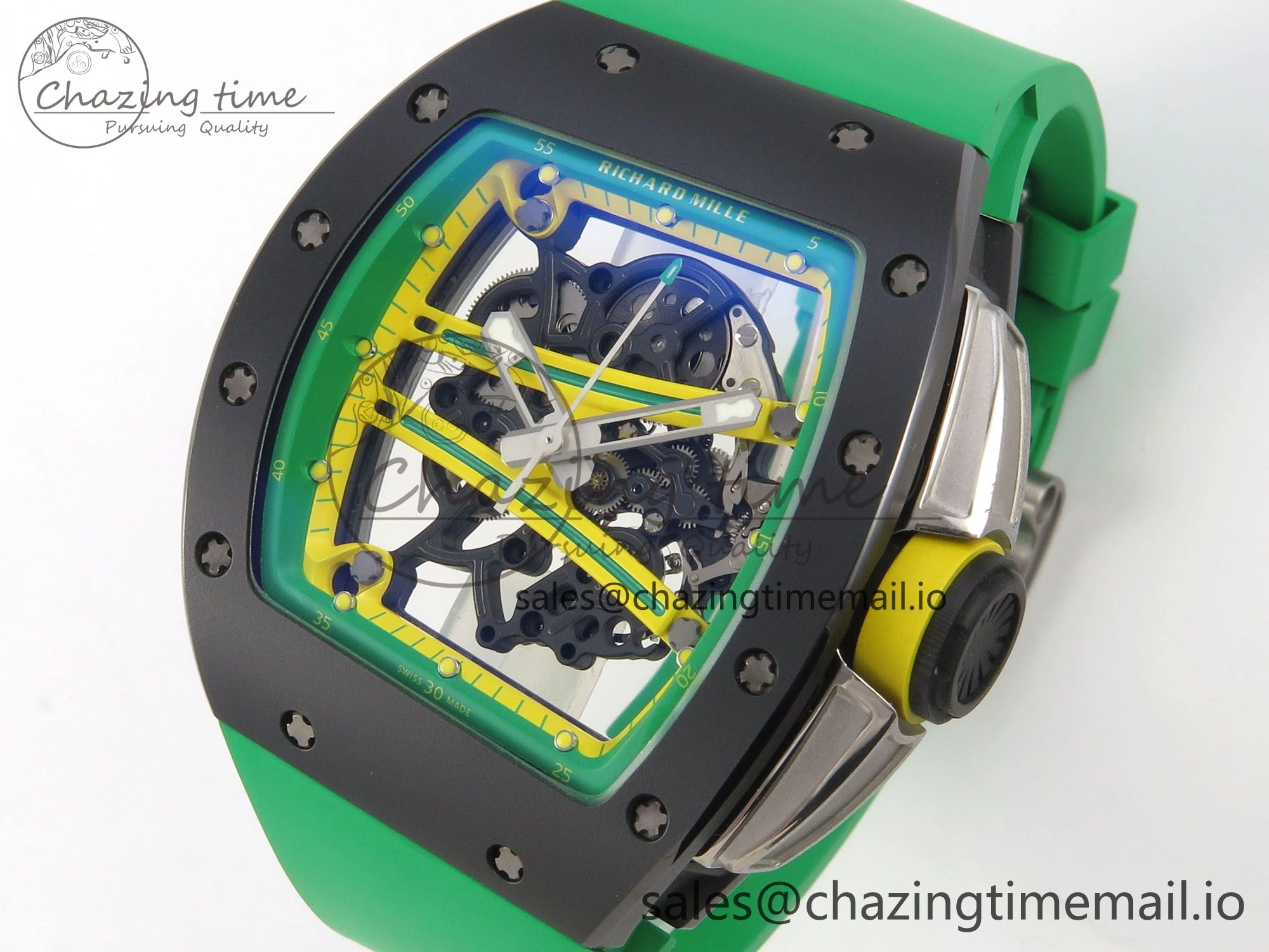RM061 Black Ceramic APSF 1:1 Best Edition Yellow Green Skeleton Dial on Green Rubber Strap RMUL2 Super Clone