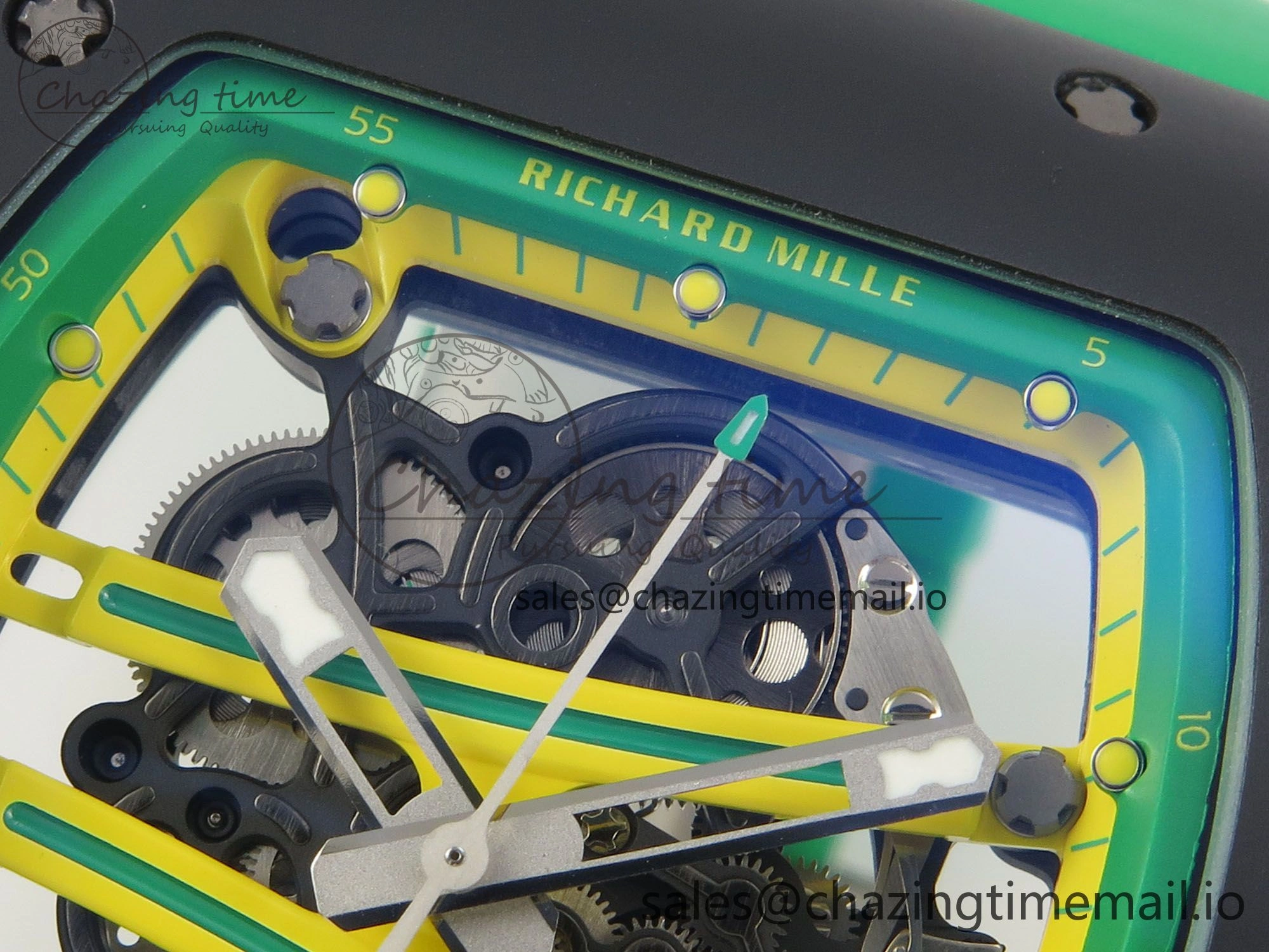 RM061 Black Ceramic APSF 1:1 Best Edition Yellow Green Skeleton Dial on Green Rubber Strap RMUL2 Super Clone