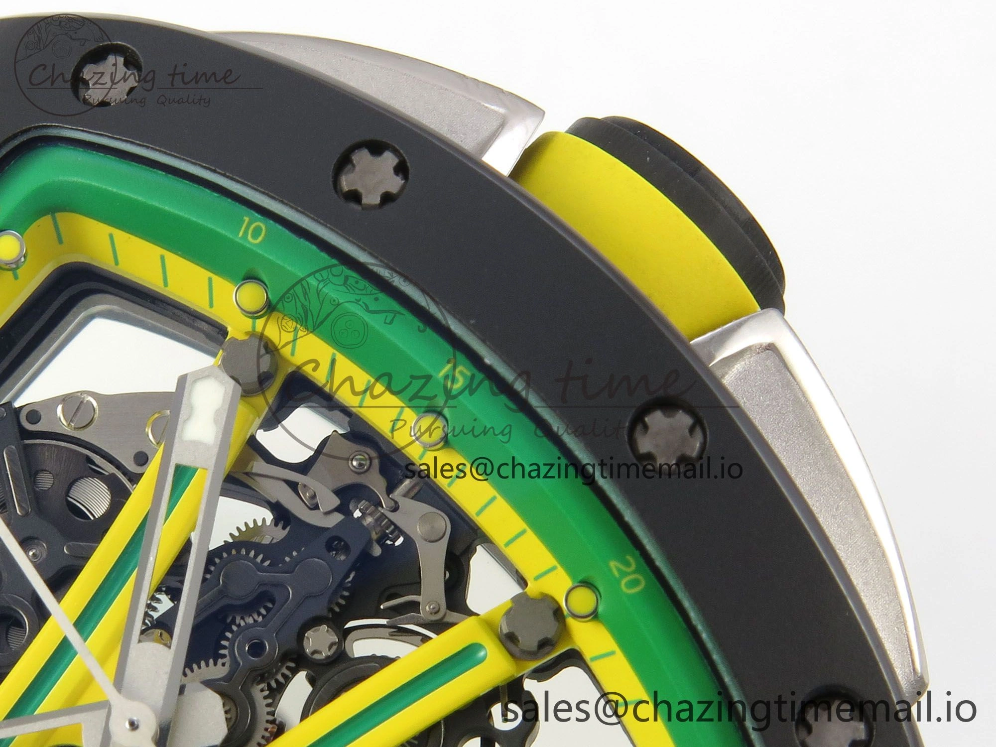RM061 Black Ceramic APSF 1:1 Best Edition Yellow Green Skeleton Dial on Green Rubber Strap RMUL2 Super Clone