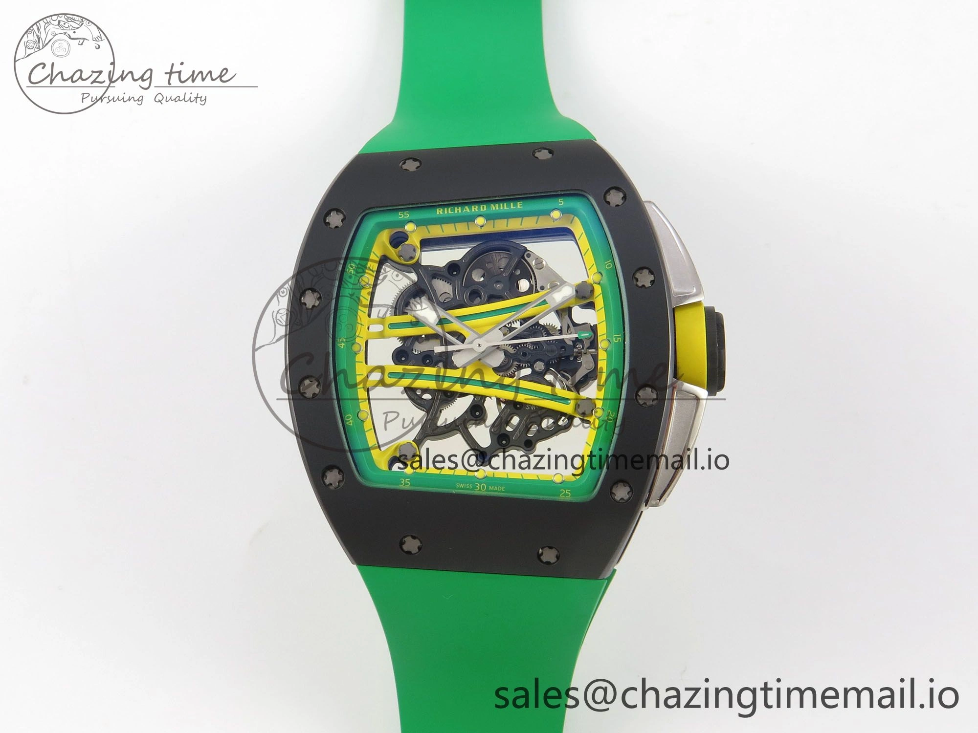RM061 Black Ceramic APSF 1:1 Best Edition Yellow Green Skeleton Dial on Green Rubber Strap RMUL2 Super Clone