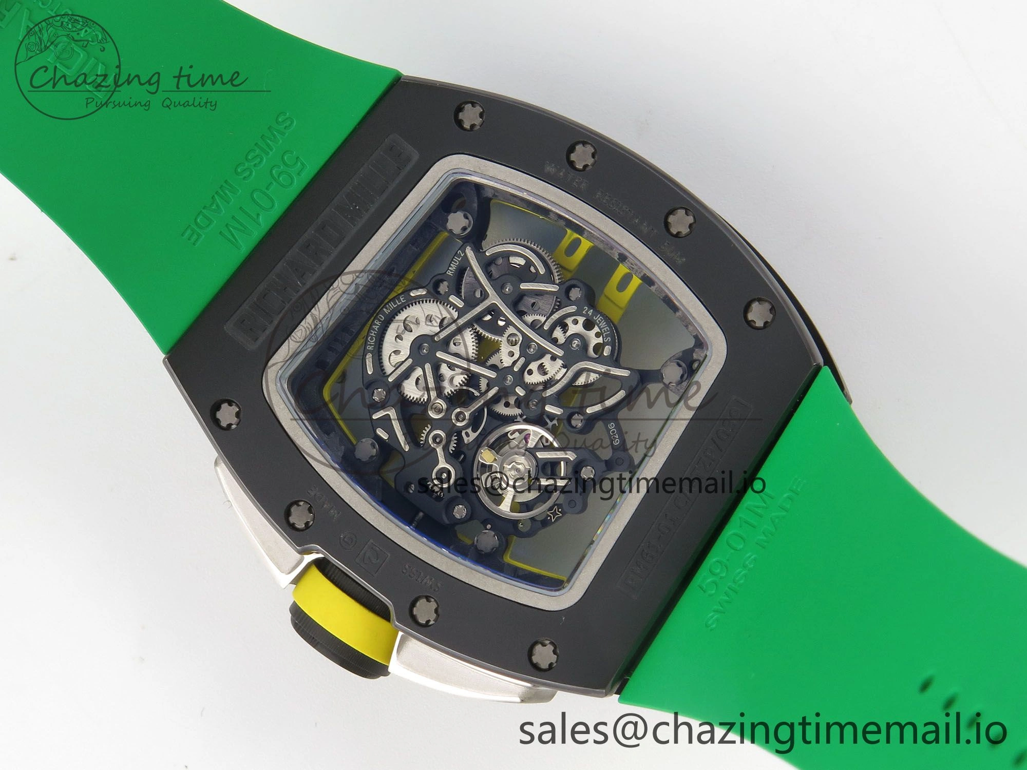 RM061 Black Ceramic APSF 1:1 Best Edition Yellow Green Skeleton Dial on Green Rubber Strap RMUL2 Super Clone