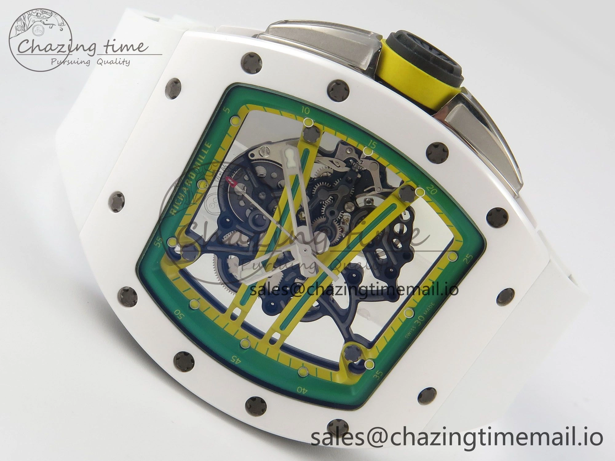 RM061 White Ceramic APSF 1:1 Best Edition Yellow Green Skeleton Dial on White Rubber Strap RMUL2 Super Clone
