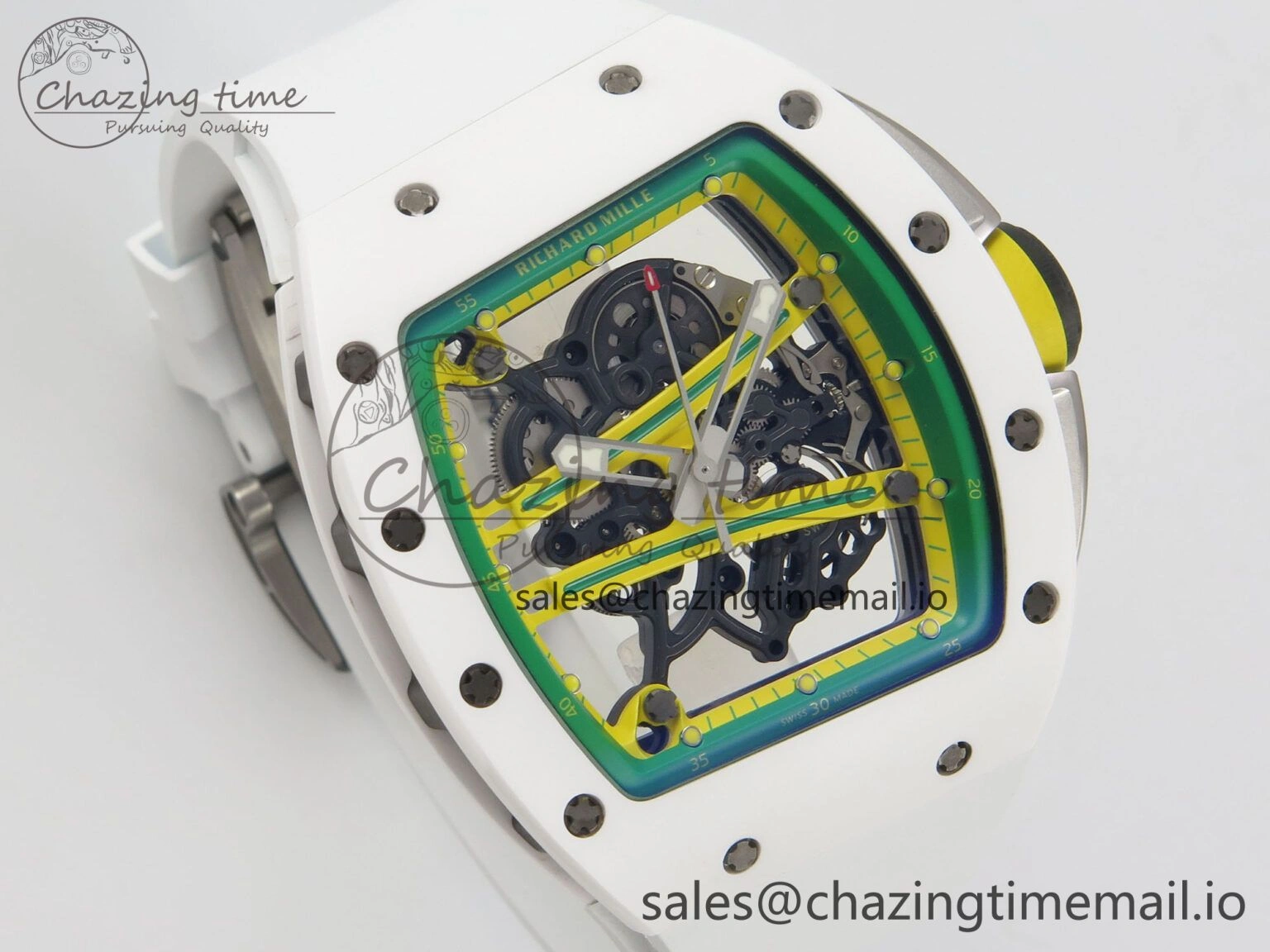 RM061 White Ceramic APSF 1:1 Best Edition Yellow Green Skeleton Dial on White Rubber Strap RMUL2 Super Clone
