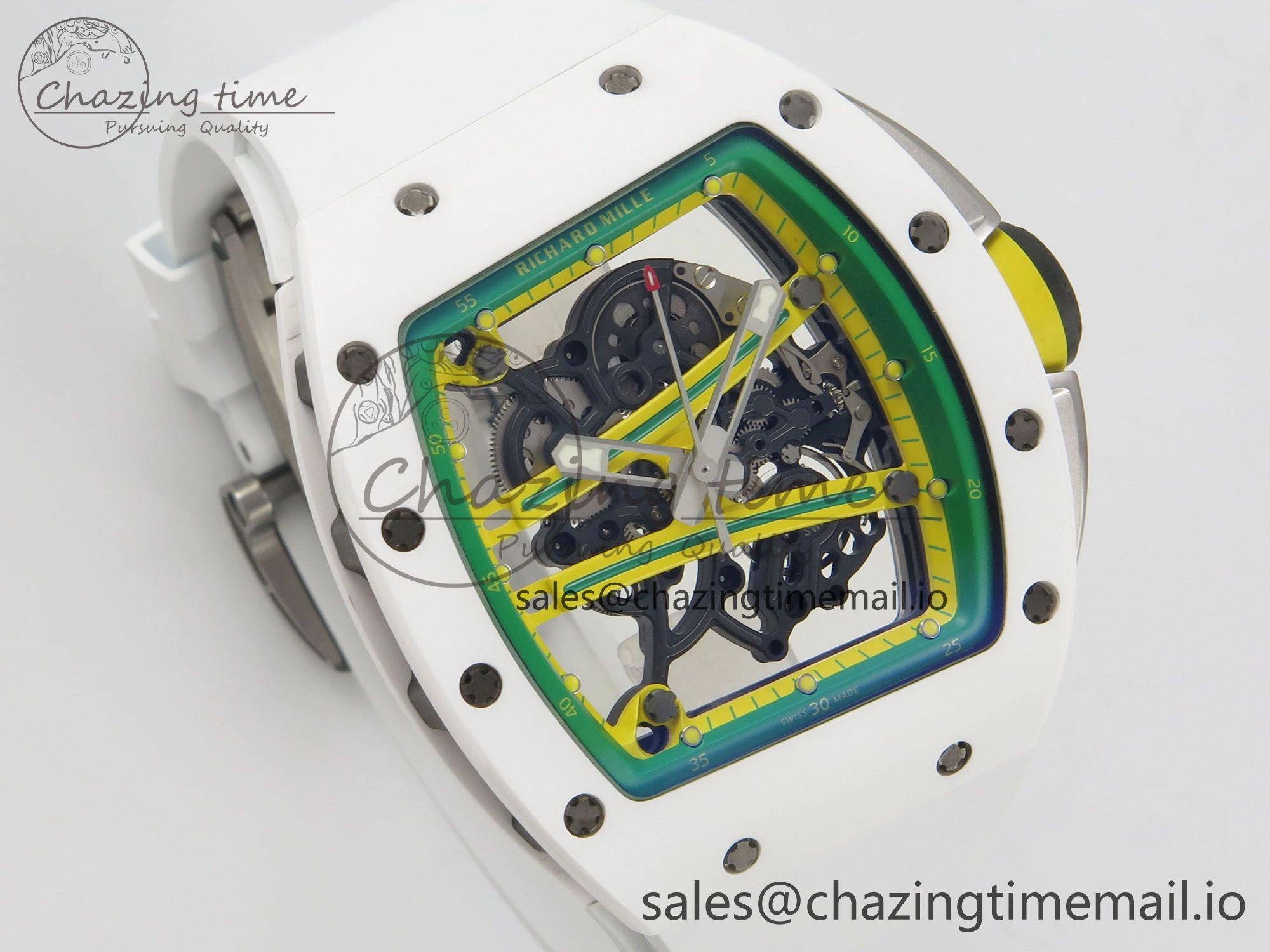 RM061 White Ceramic APSF 1:1 Best Edition Yellow Green Skeleton Dial on White Rubber Strap RMUL2 Super Clone