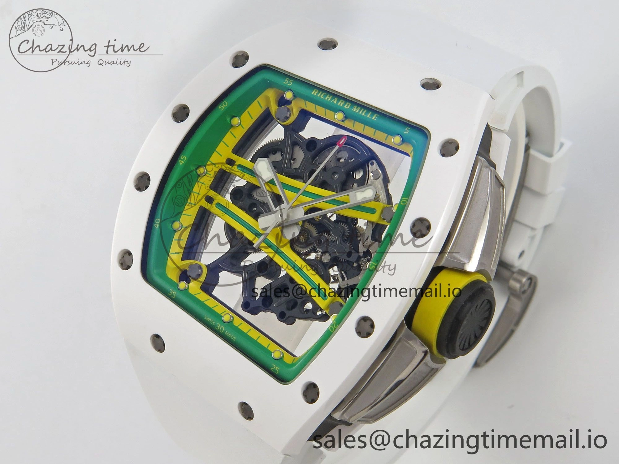 RM061 White Ceramic APSF 1:1 Best Edition Yellow Green Skeleton Dial on White Rubber Strap RMUL2 Super Clone