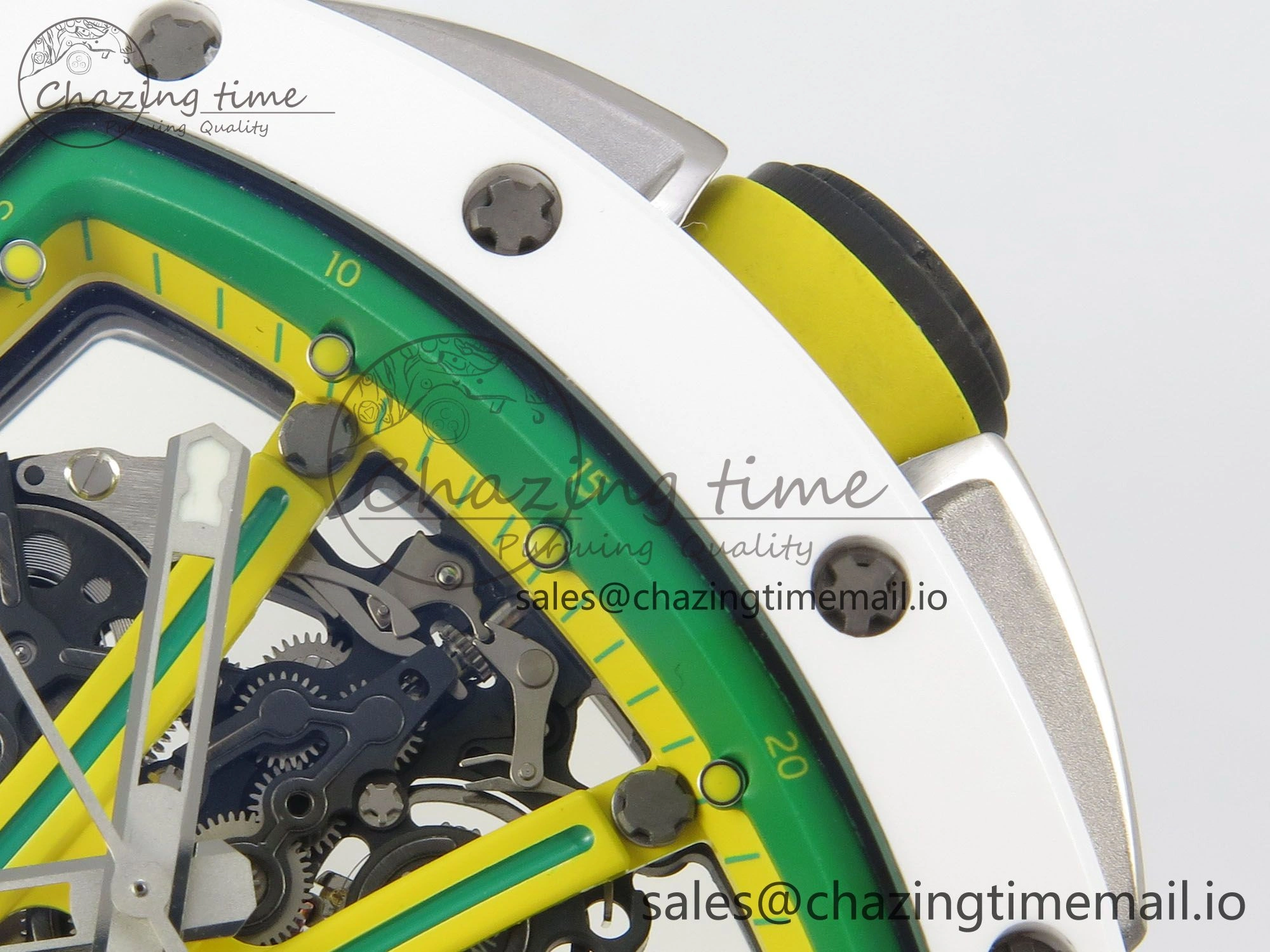 RM061 White Ceramic APSF 1:1 Best Edition Yellow Green Skeleton Dial on White Rubber Strap RMUL2 Super Clone