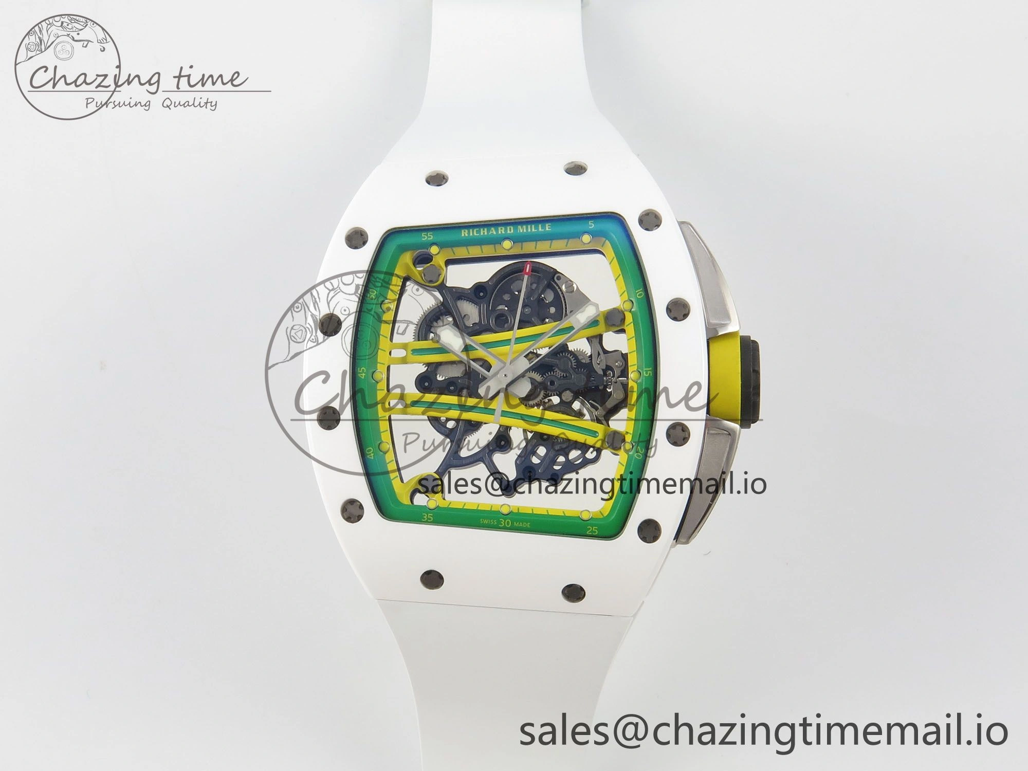RM061 White Ceramic APSF 1:1 Best Edition Yellow Green Skeleton Dial on White Rubber Strap RMUL2 Super Clone