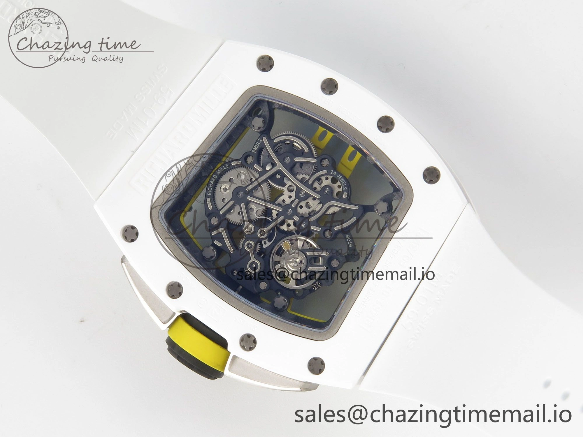 RM061 White Ceramic APSF 1:1 Best Edition Yellow Green Skeleton Dial on White Rubber Strap RMUL2 Super Clone