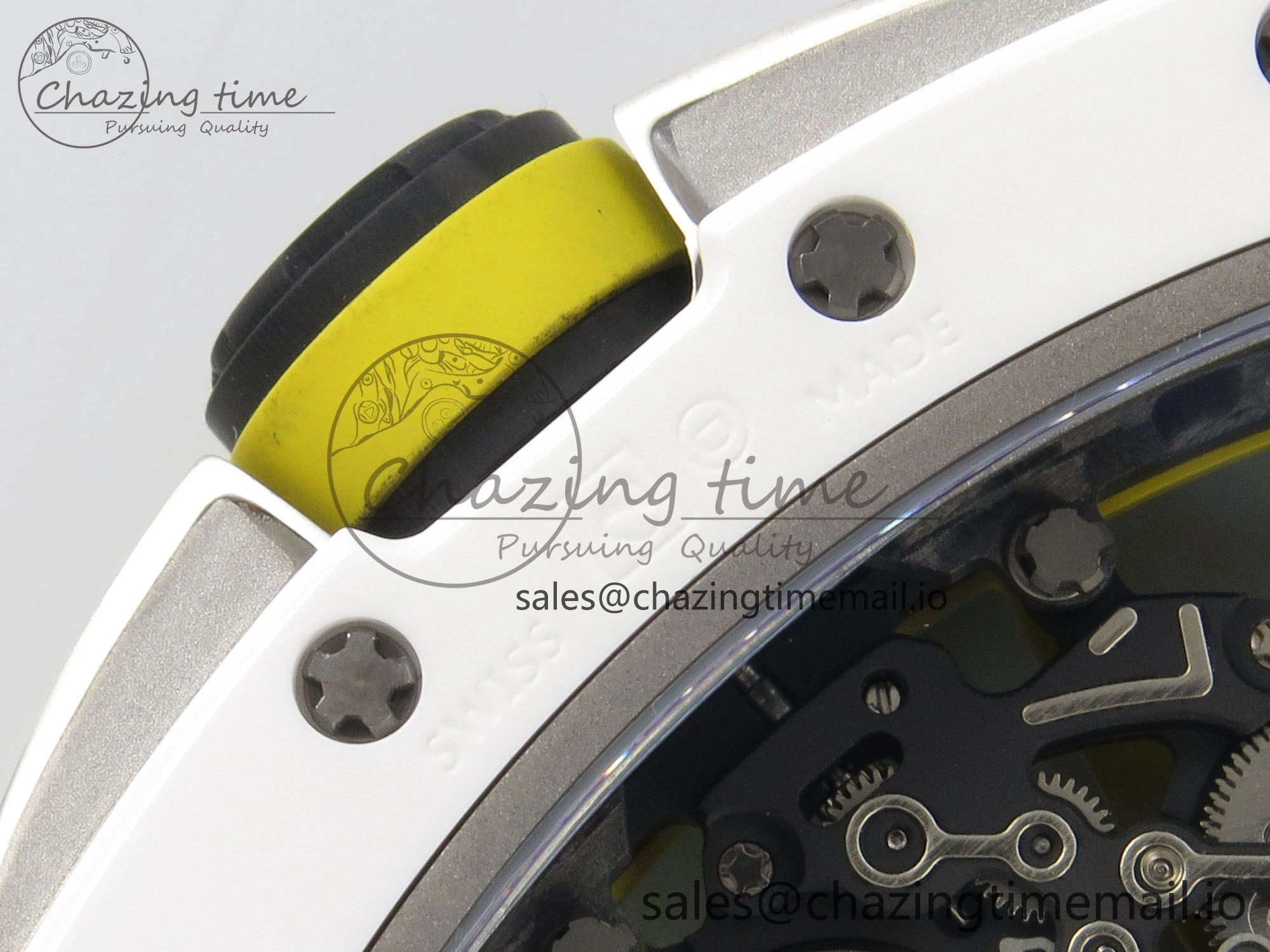 RM061 White Ceramic APSF 1:1 Best Edition Yellow Green Skeleton Dial on White Rubber Strap RMUL2 Super Clone
