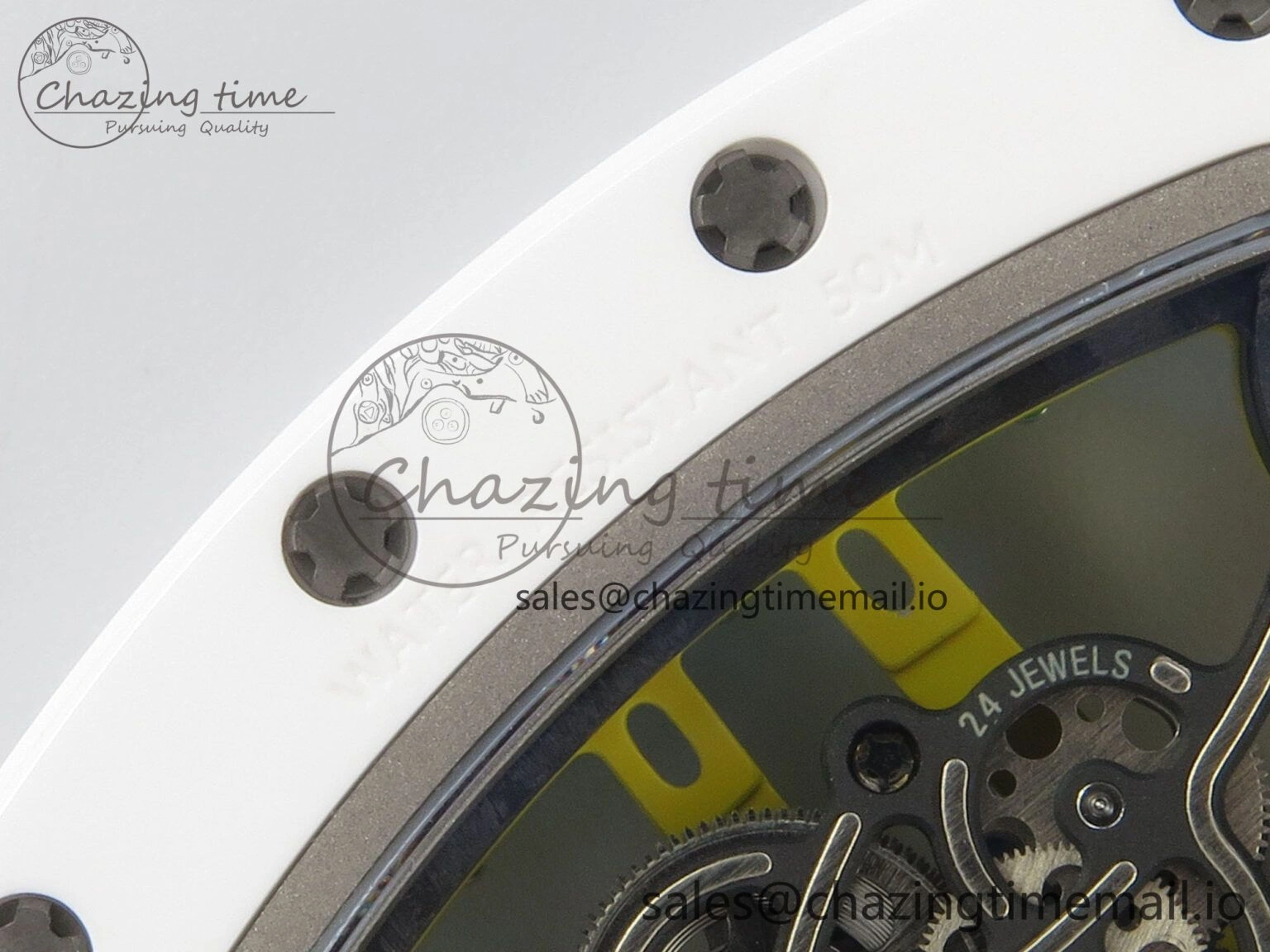 RM061 White Ceramic APSF 1:1 Best Edition Yellow Green Skeleton Dial on White Rubber Strap RMUL2 Super Clone