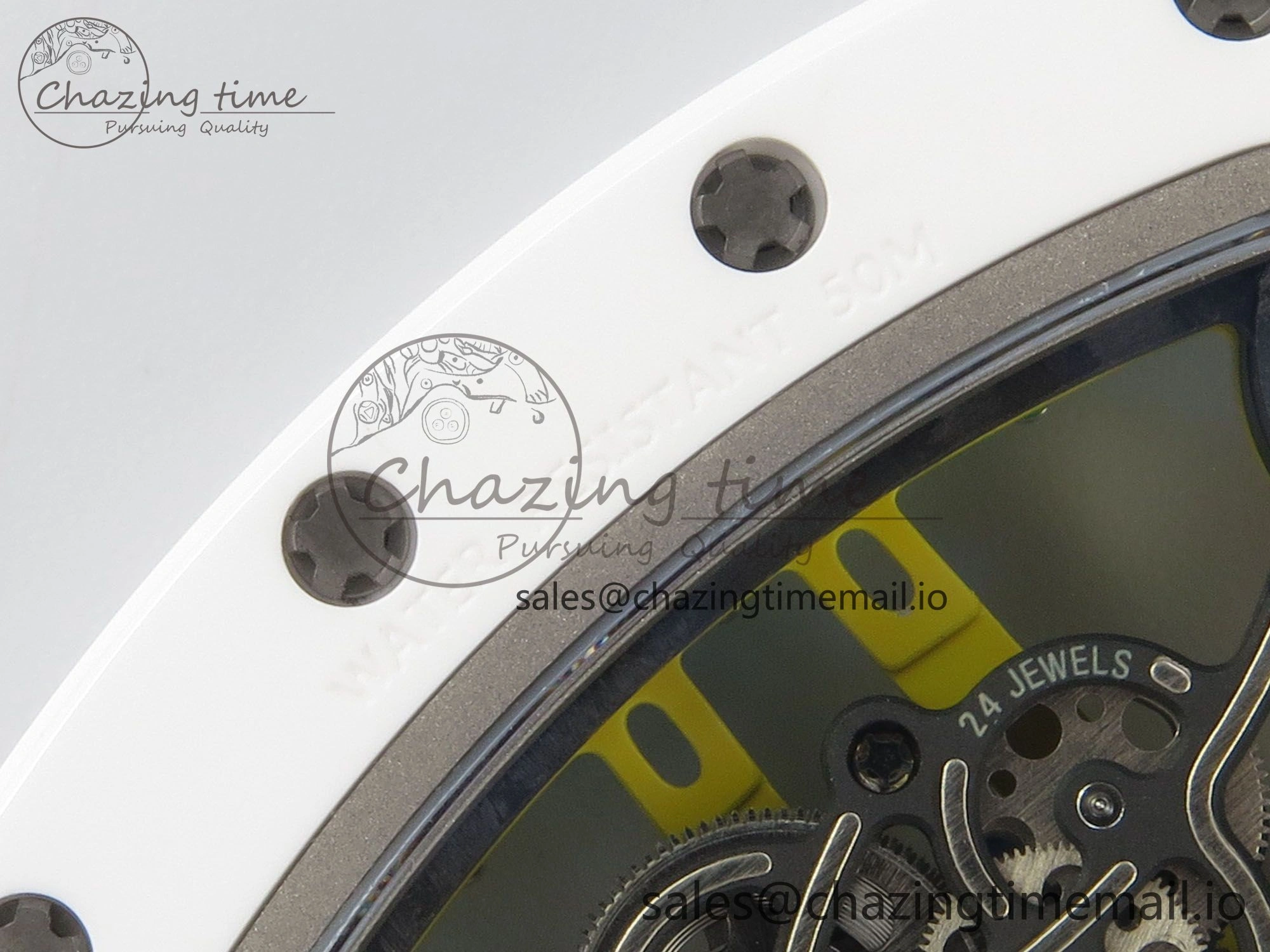 RM061 White Ceramic APSF 1:1 Best Edition Yellow Green Skeleton Dial on White Rubber Strap RMUL2 Super Clone