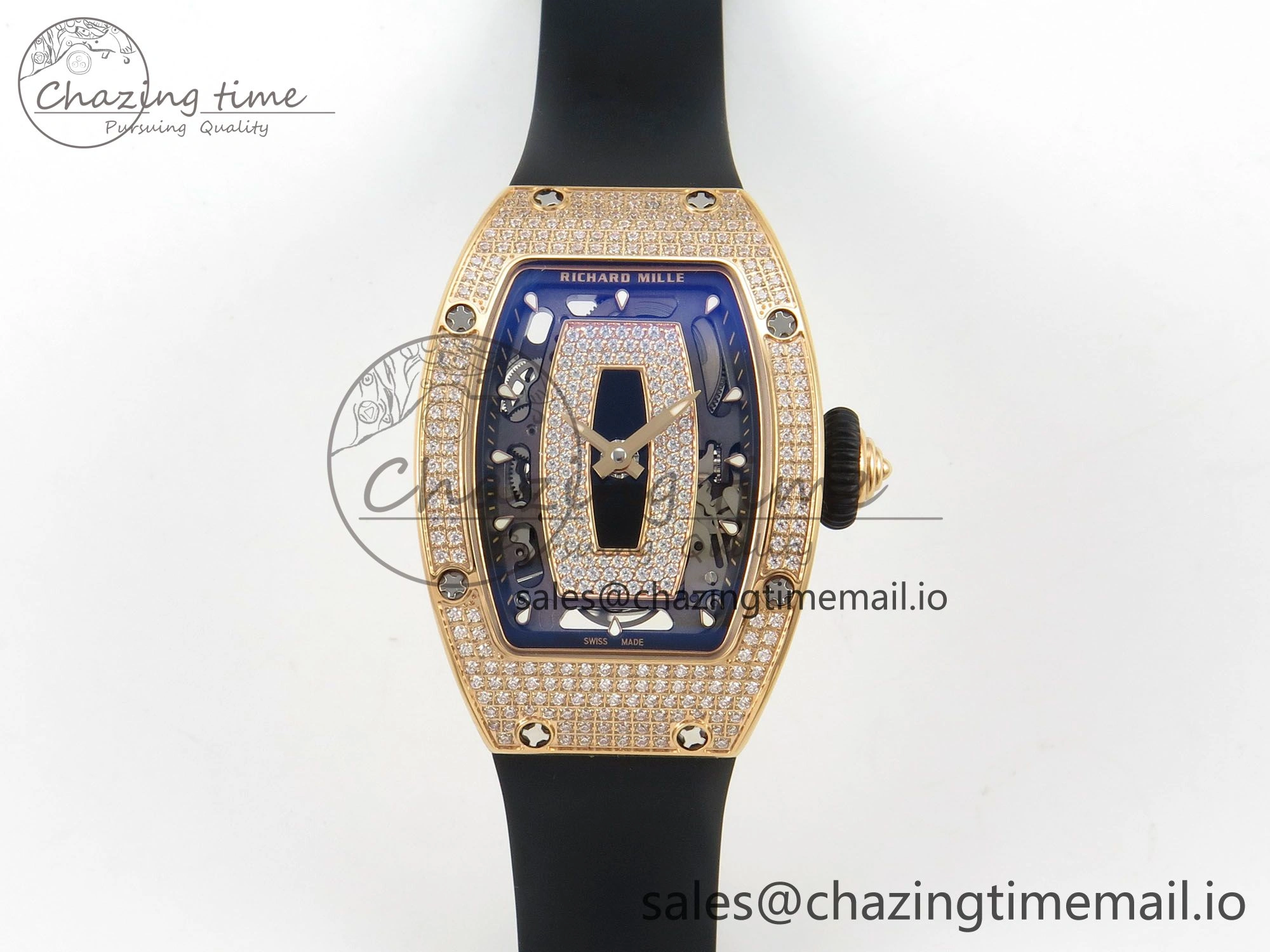 RM07 Ladies Full Diamonds RG ZF 1:1 Best Edition Black Dial on Black Rubber Strap CRMA2 Clone
