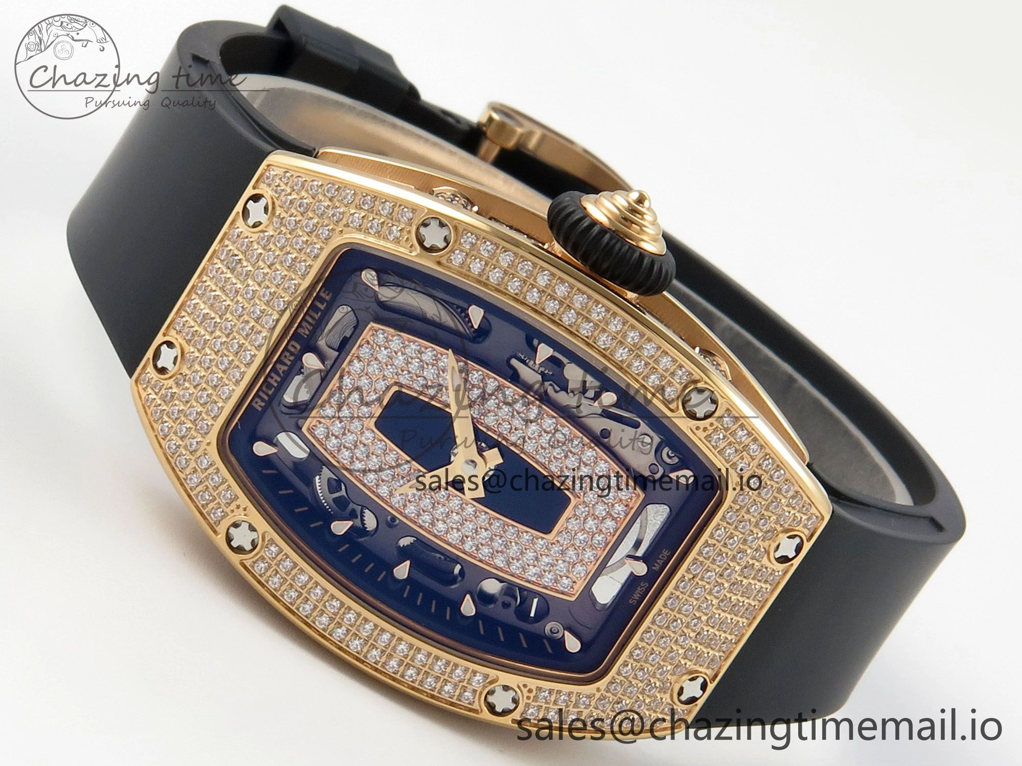 RM07 Ladies Full Diamonds RG ZF 1:1 Best Edition Black Dial on Black Rubber Strap CRMA2 Clone