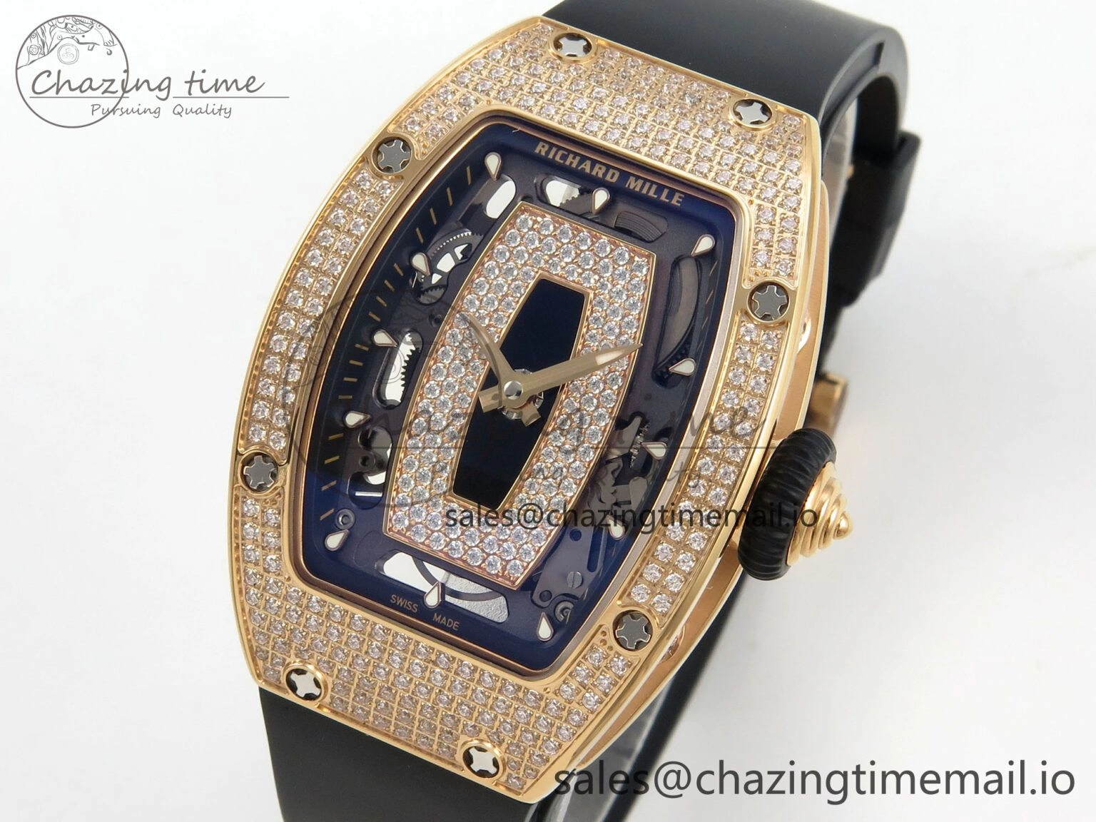 RM07 Ladies Full Diamonds RG ZF 1:1 Best Edition Black Dial on Black Rubber Strap CRMA2 Clone