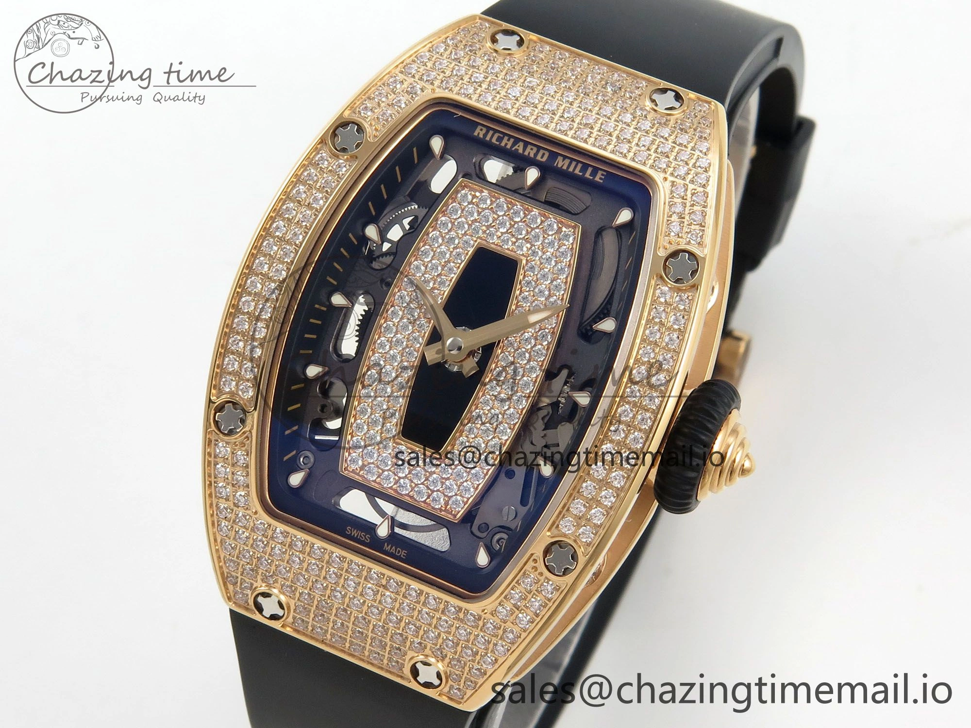 RM07 Ladies Full Diamonds RG ZF 1:1 Best Edition Black Dial on Black Rubber Strap CRMA2 Clone