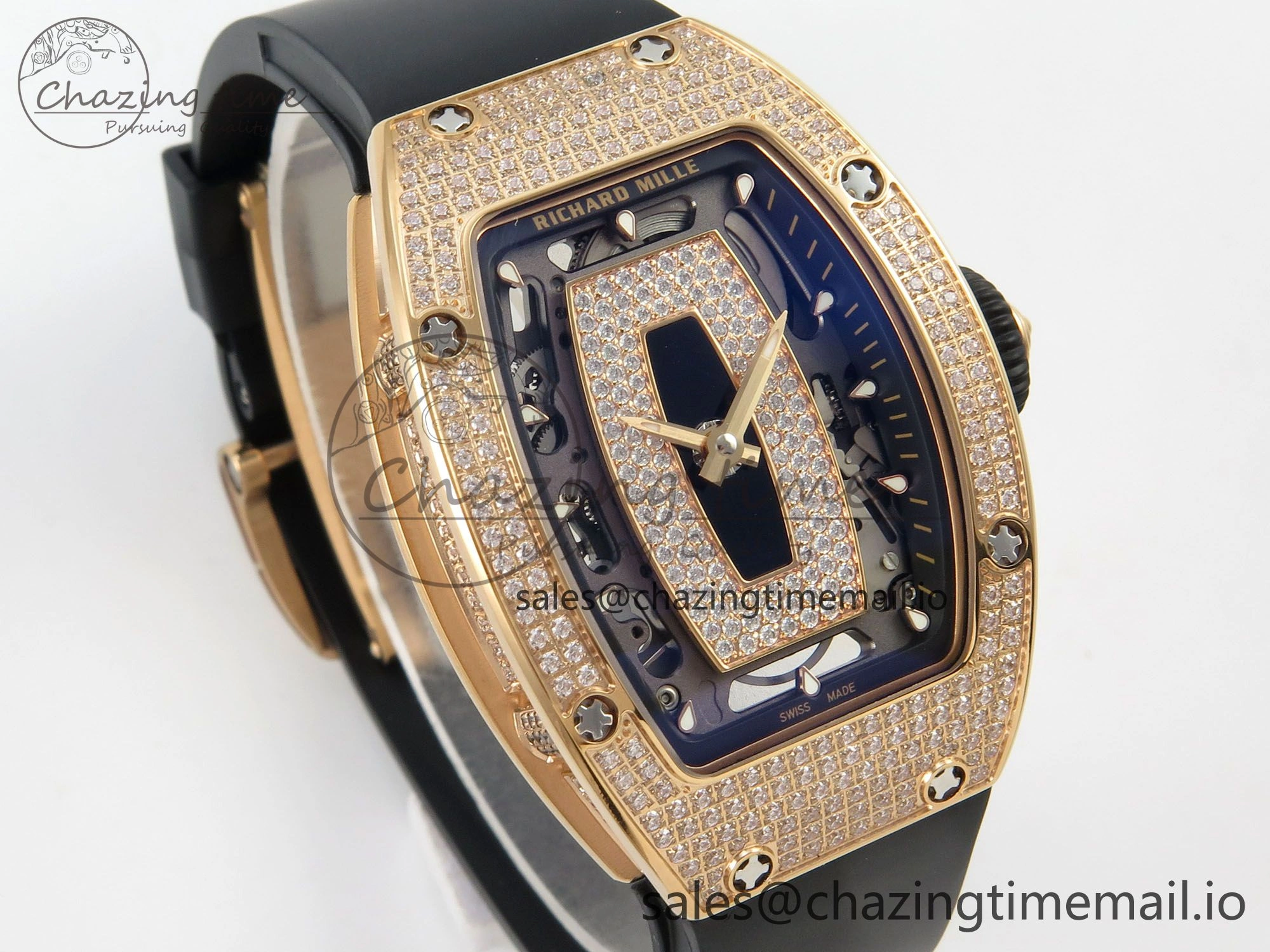 RM07 Ladies Full Diamonds RG ZF 1:1 Best Edition Black Dial on Black Rubber Strap CRMA2 Clone
